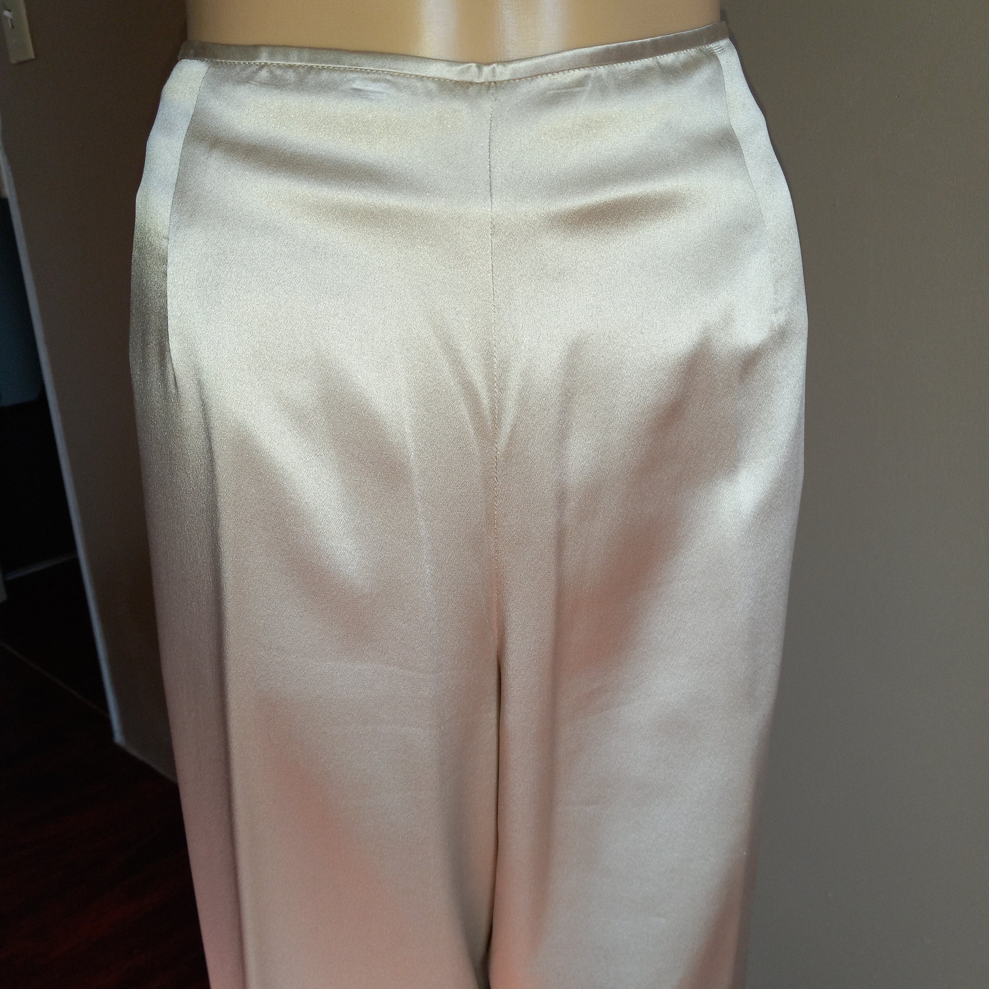 Beige 100% Silk 80’s Polyester Lining Shiny Pants - Image 3