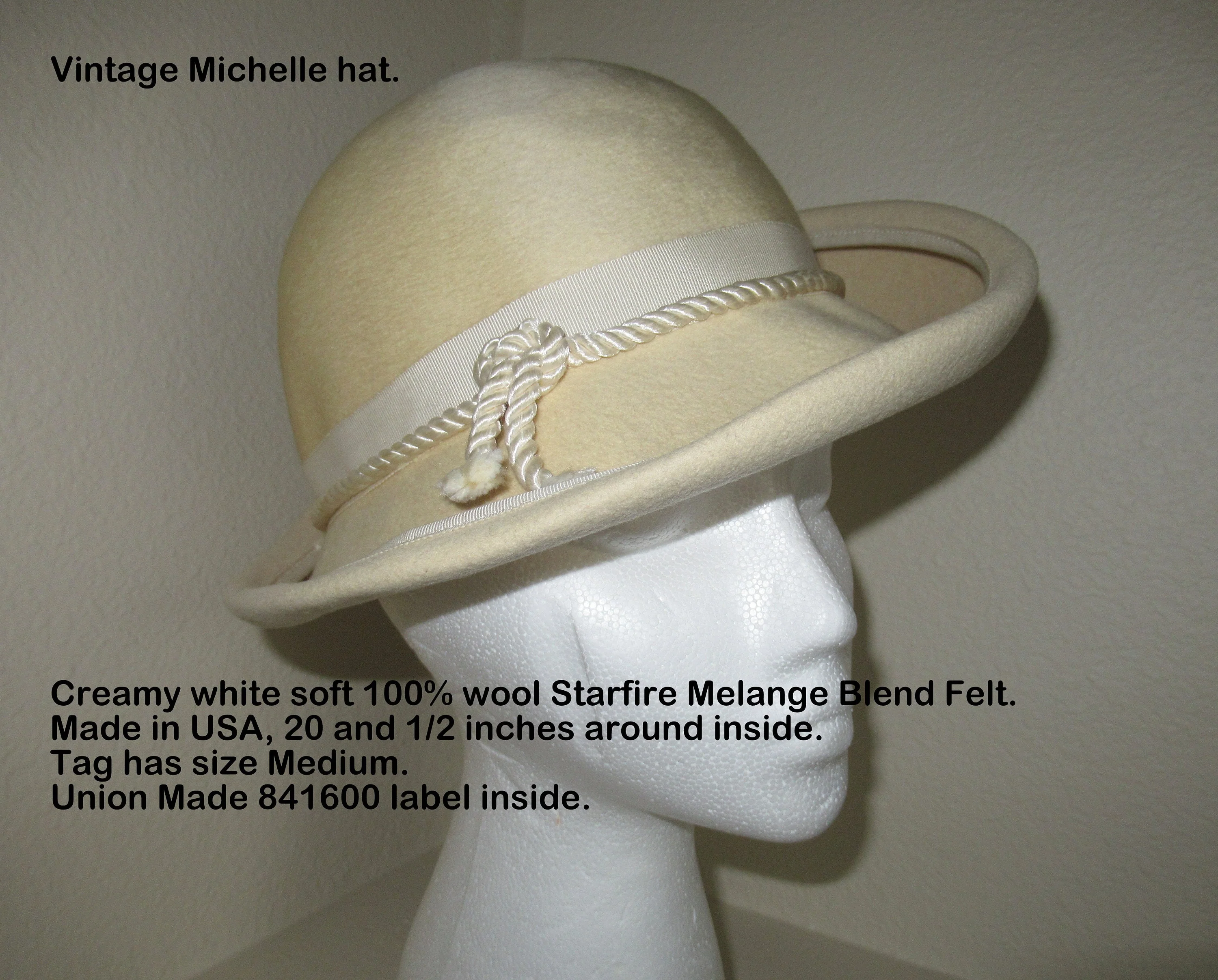 100% Wool Michelle Hat Starfire Melange Blend Felt Creamy White Soft Union Made Label 20 and 12 Round Medium by Michelle - Image 2