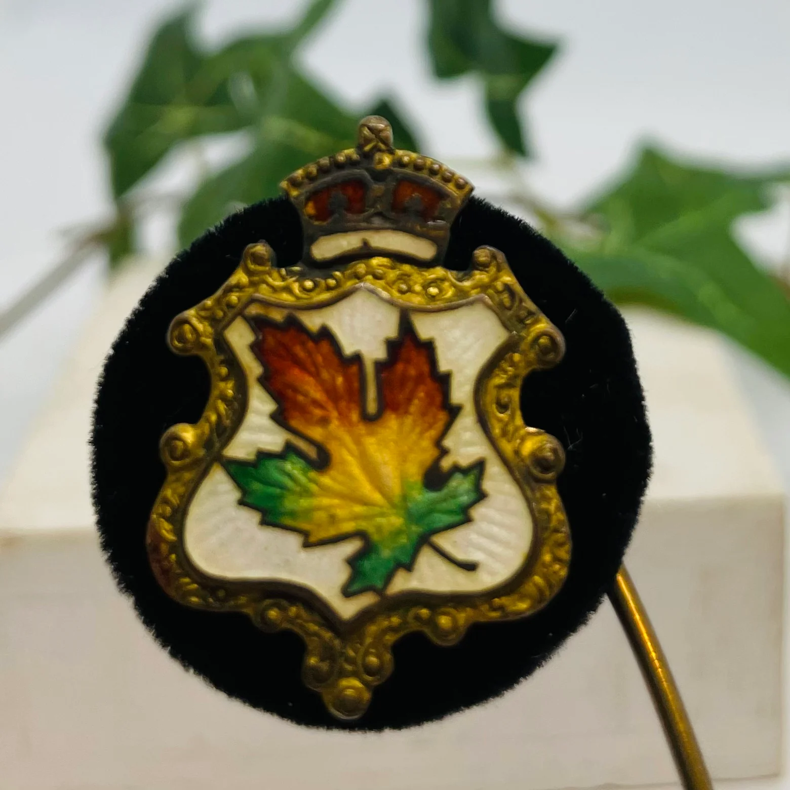 10s/20s Enamel Guilloche Maple Leaf Crown Brass Brooch - Image 3