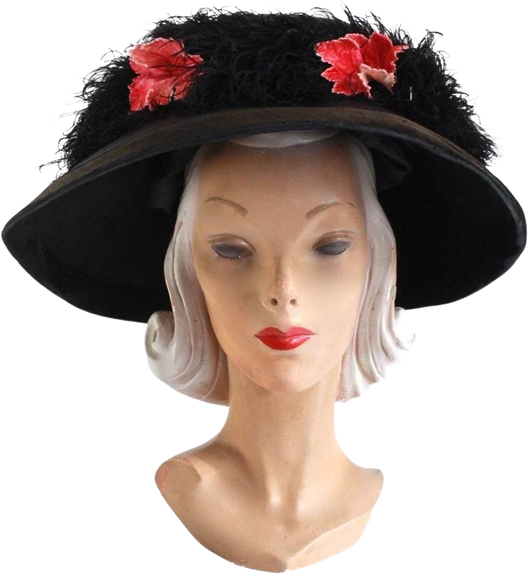 10s Black Silk and Fall Leaves Merry Widow Hat