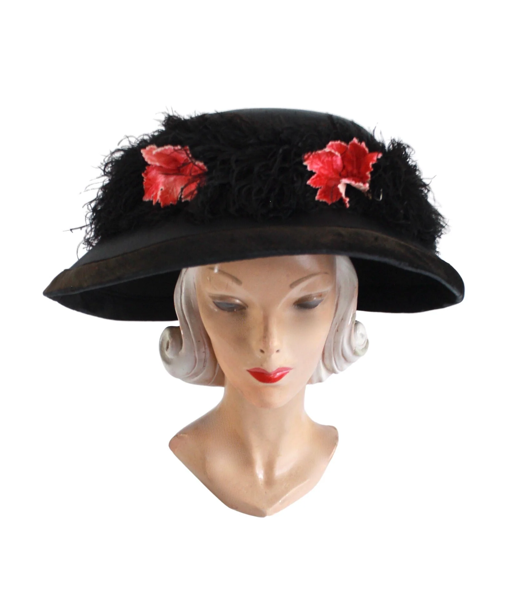 10s Black Silk and Fall Leaves Merry Widow Hat - Image 2
