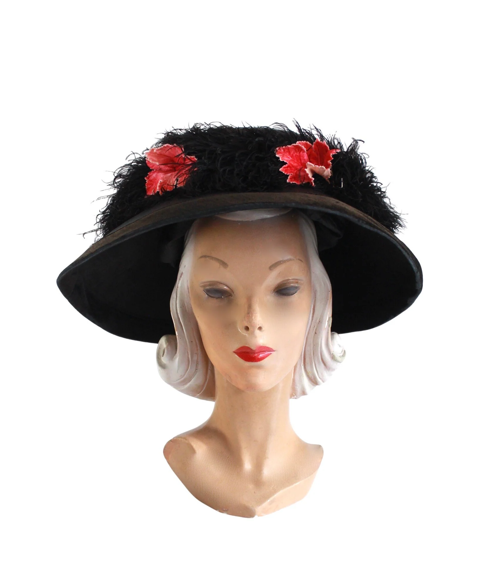 10s Black Silk and Fall Leaves Merry Widow Hat - Image 3
