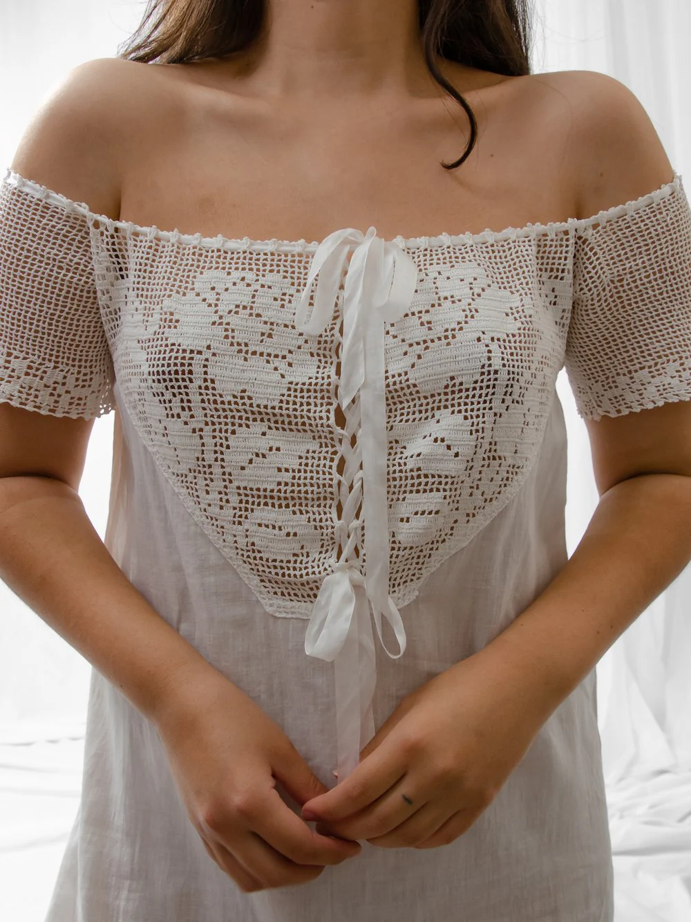 10s/Edwardian Off The Shoulder Crochet Dress - Image 3
