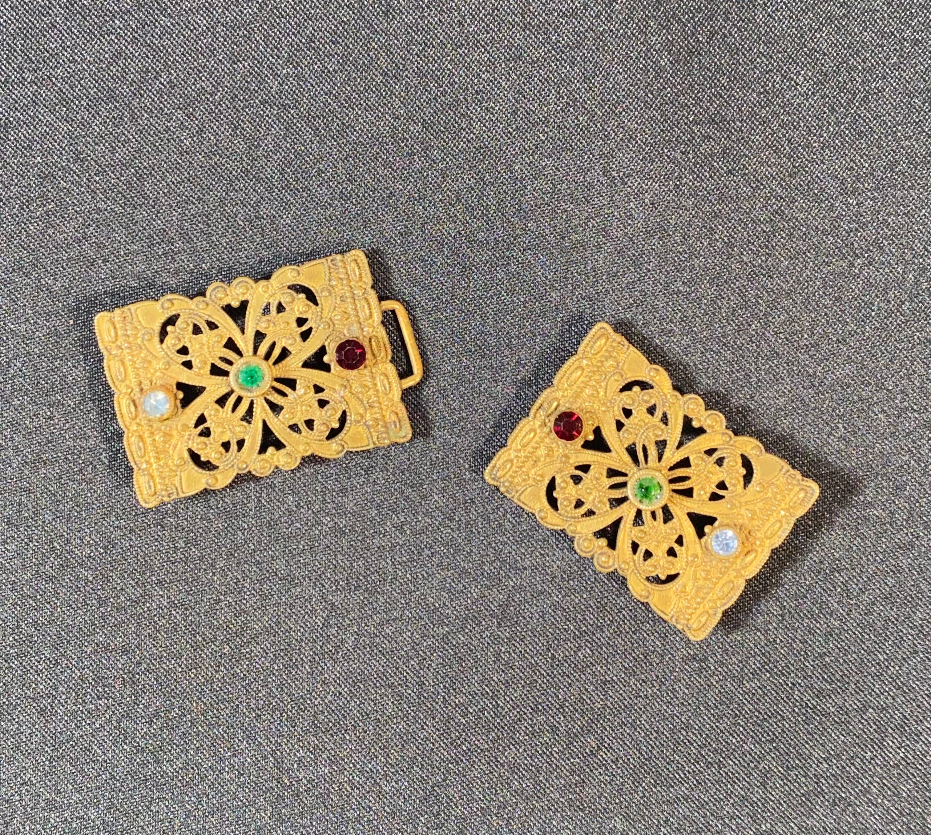 10s/Edwardian Ornate Brass Metal With Rhinestones Belt Buckle - Image 3