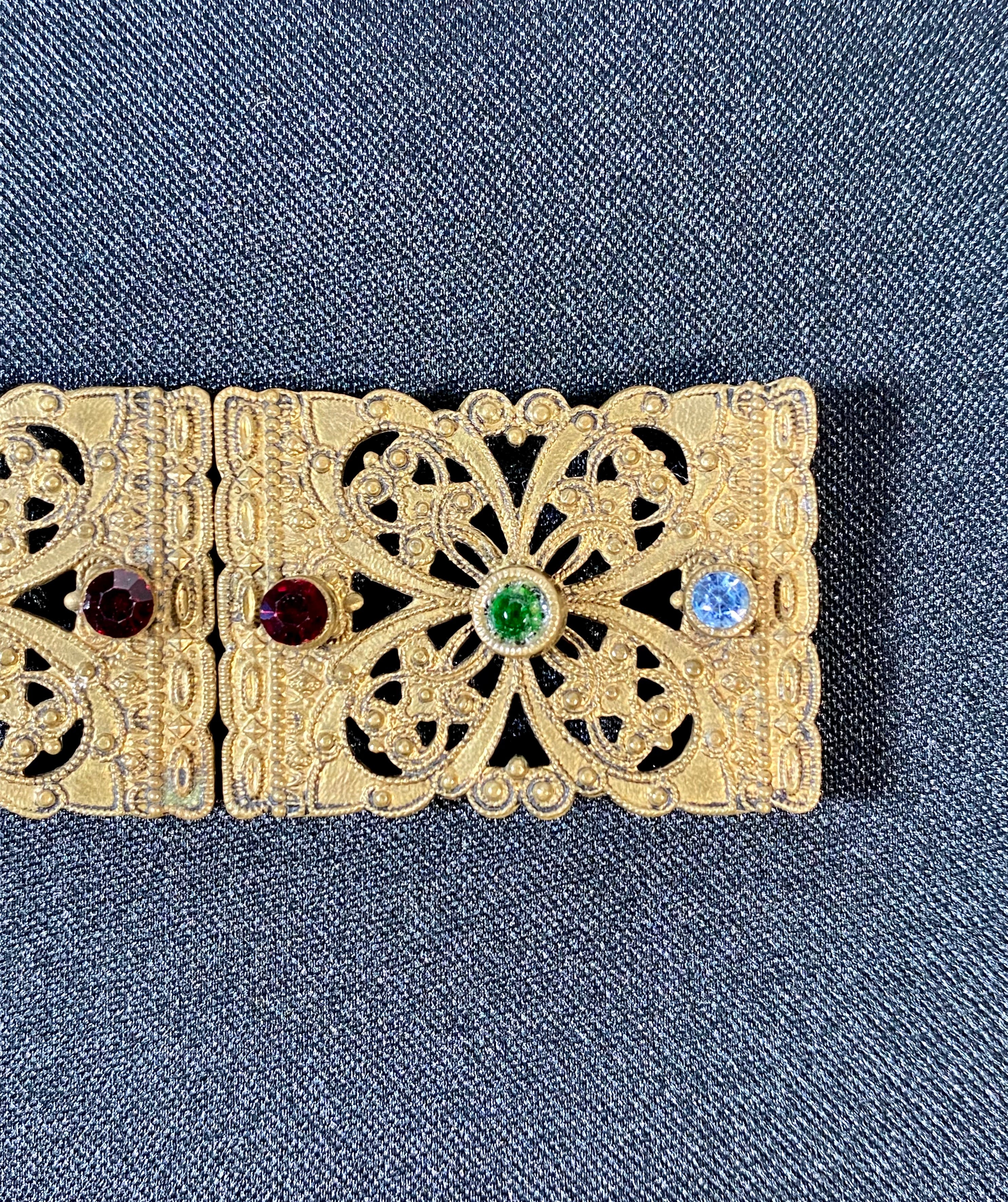 10s/Edwardian Ornate Brass Metal With Rhinestones Belt Buckle - Image 6