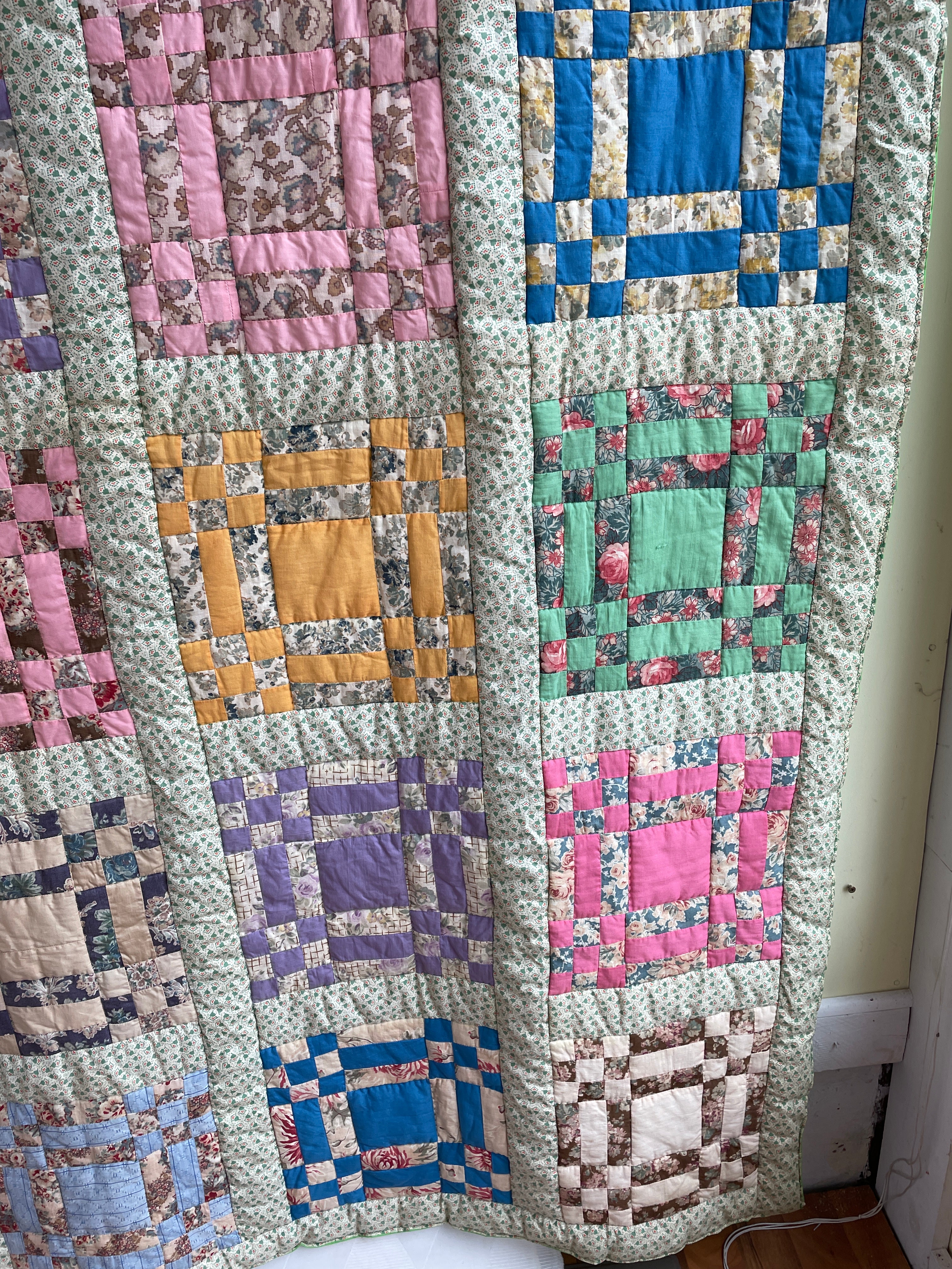 10s Handmade Antique Quilt Nine Patch And Rail - Image 8