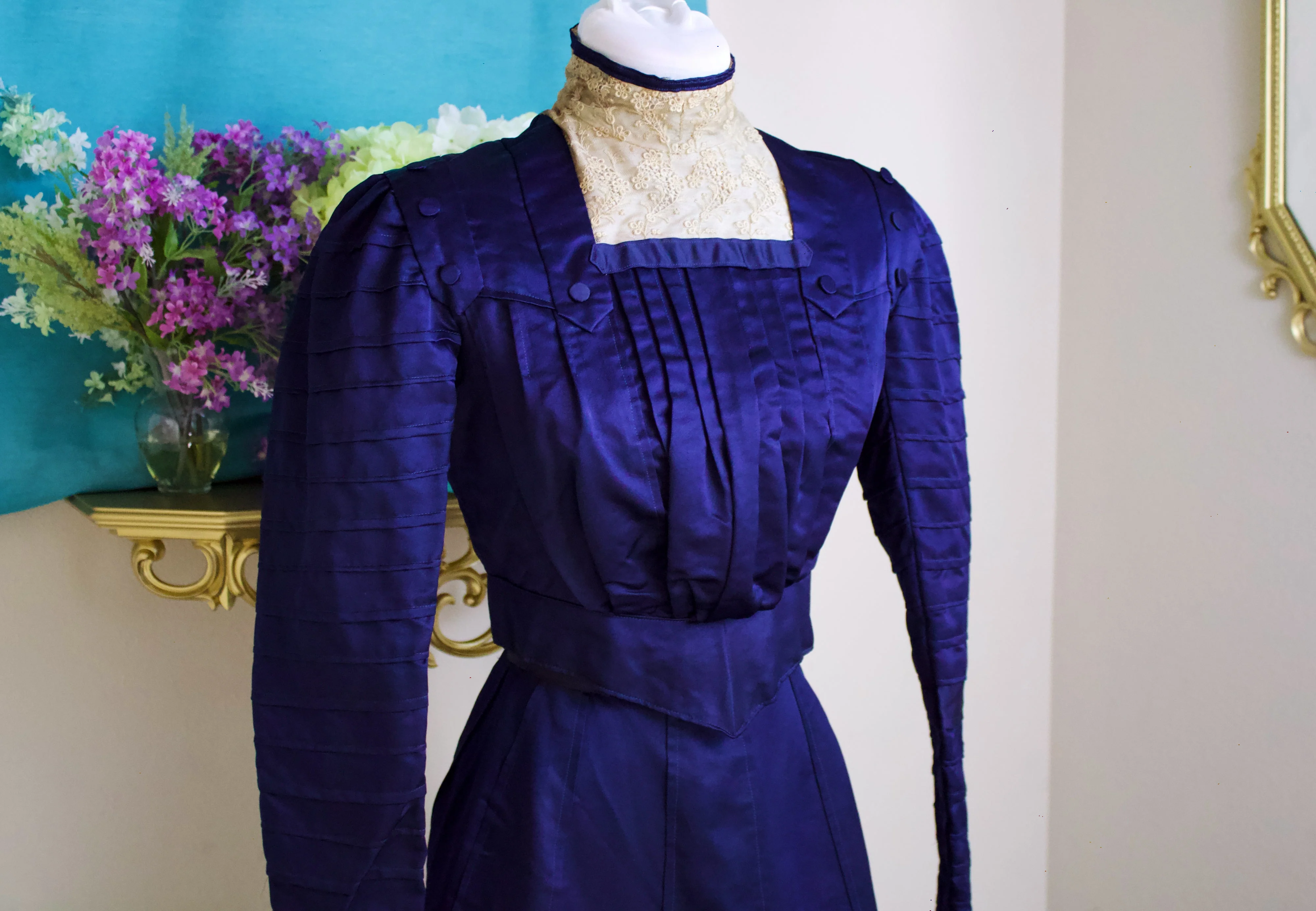 10s Rare Edwardian Navy Deep Blue Silk Satin Walking Day Dress - Image 2