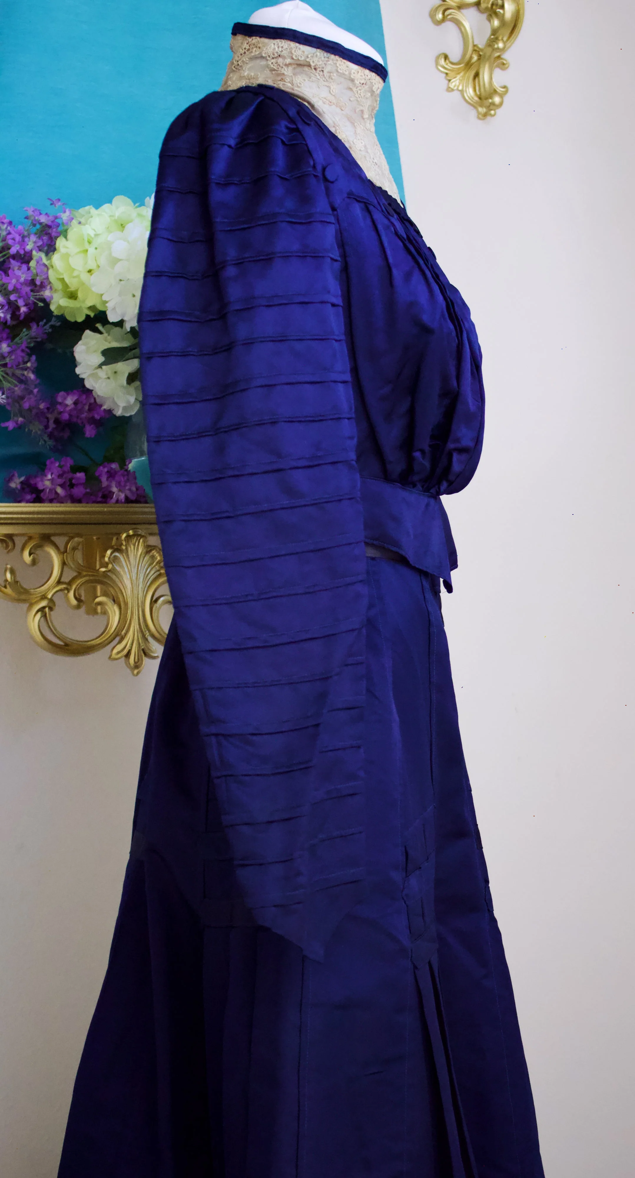 10s Rare Edwardian Navy Deep Blue Silk Satin Walking Day Dress - Image 6
