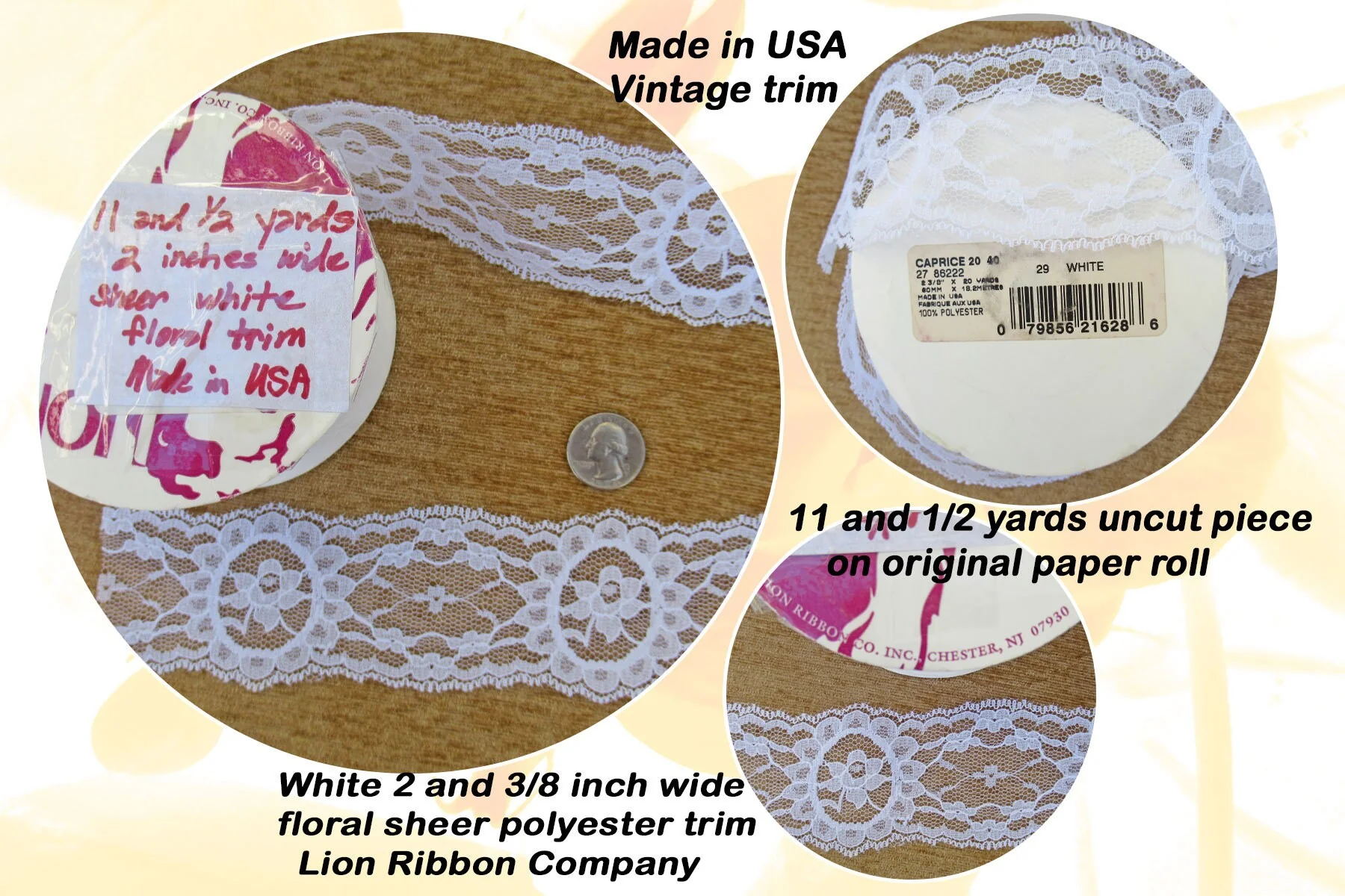 11. 5 Yards Sheer Lace 2 and 3/8 Inch Wide Floral Sheer Polyester Lion Ribbon Company White Uncut Piece Original Paper Roll Made In Usa - Image 3
