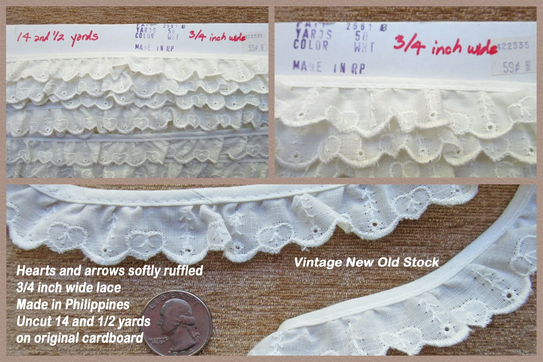 14 Plus Yards Softly Ruffled Lace Hearts and Arrows 3/4 Inch Wide White Lace, Scalloped Edge, Made In Philippines, Original Display, Nos - Image 3
