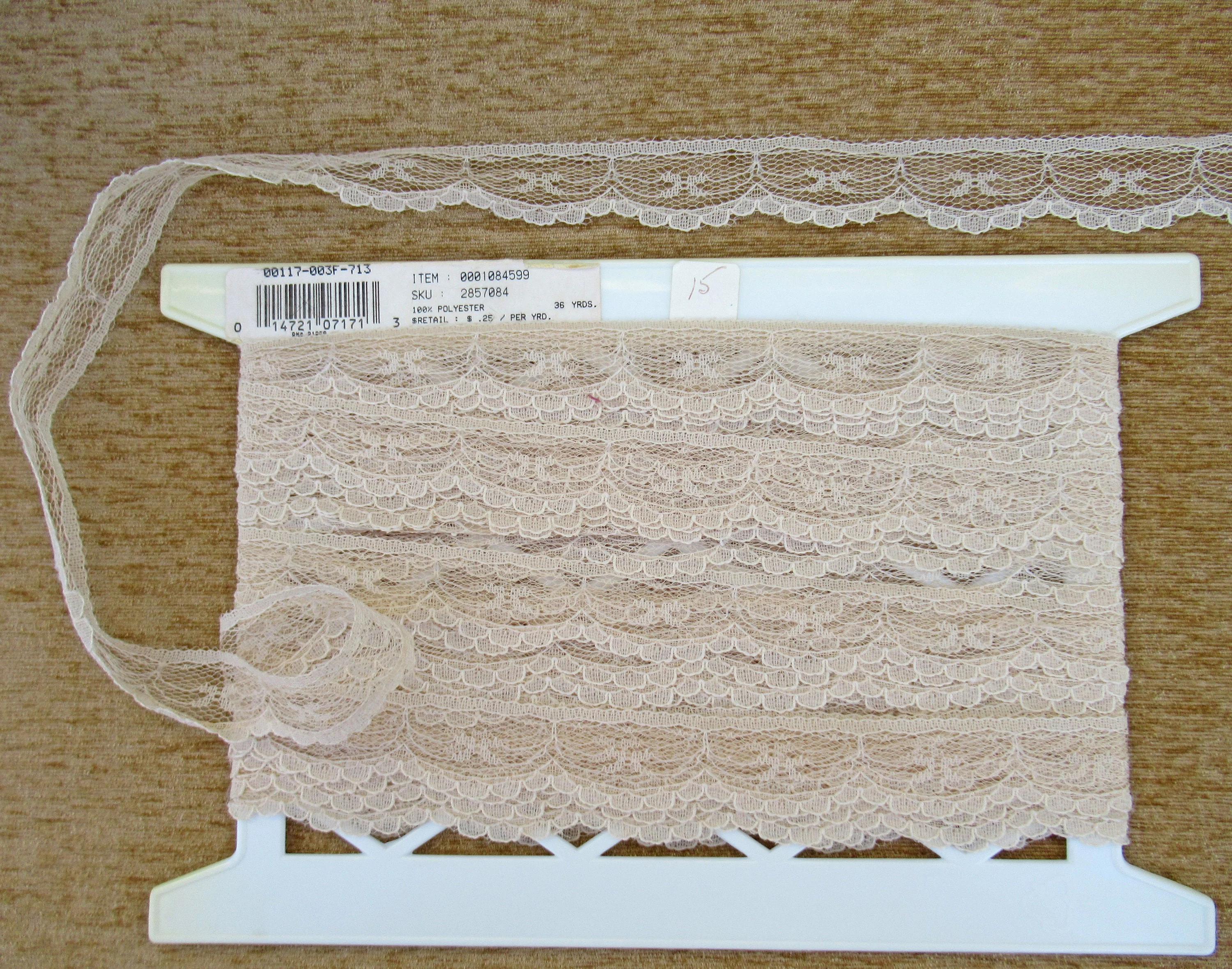 16. 5 Yards Lace Original Store Roll 1 Inch Wide Afc Beige Sheer Floral Scallop Edge Polyester Continuous Piece Lovely Vtg Accent Lace - Image 6