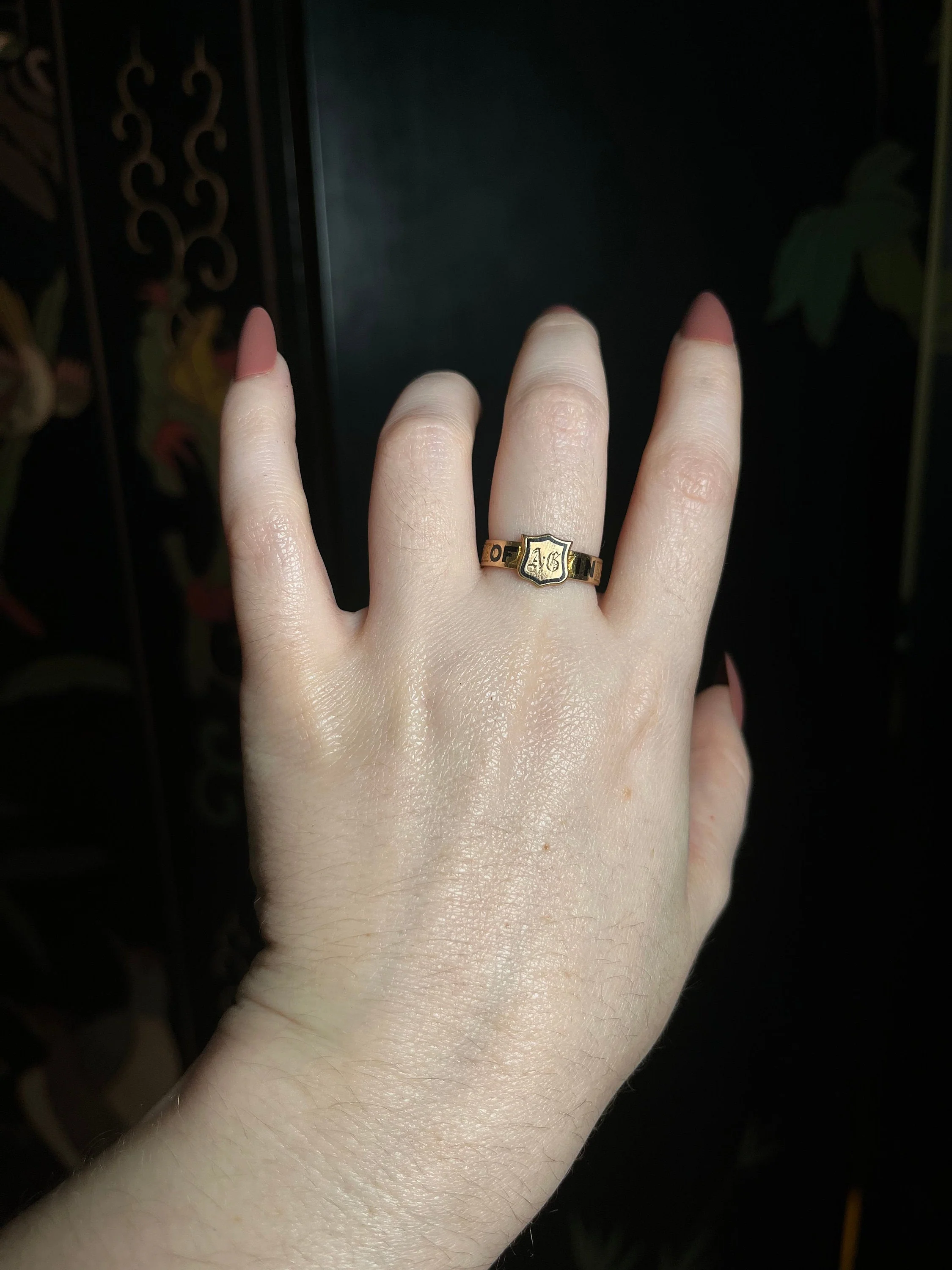 1875 'in Memory Of' 18k Gold Mourning Ring 'ag' Antique Victorian Jewelry - Image 2