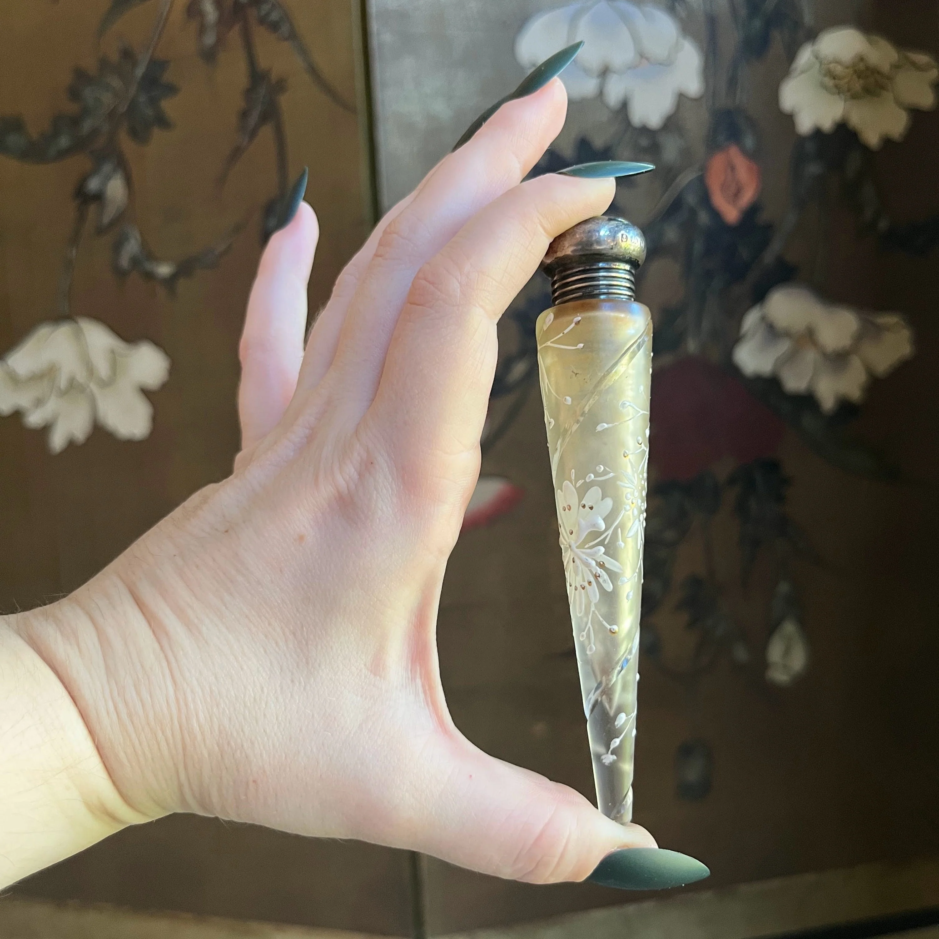 1901 Sterling Painted Glass Perfume Bottle Edwardian Antique Edwardian Victorian Accessories - Image 2