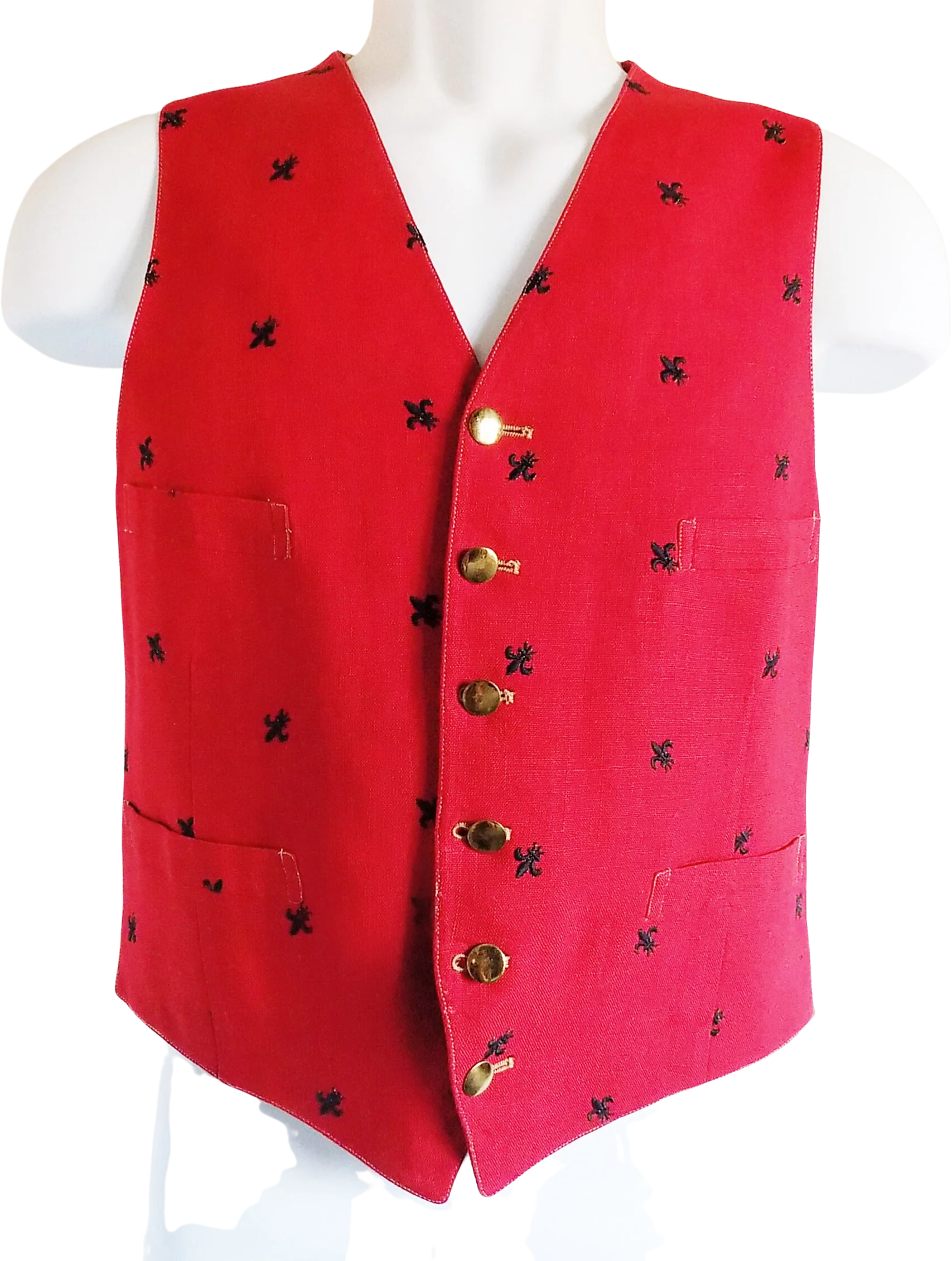 1940-60s Irish Linen Vest Waistcoat Navy Blue Fleur De Lis Gold Tone Metal Buttons Made In The Usa with Imported Fabric