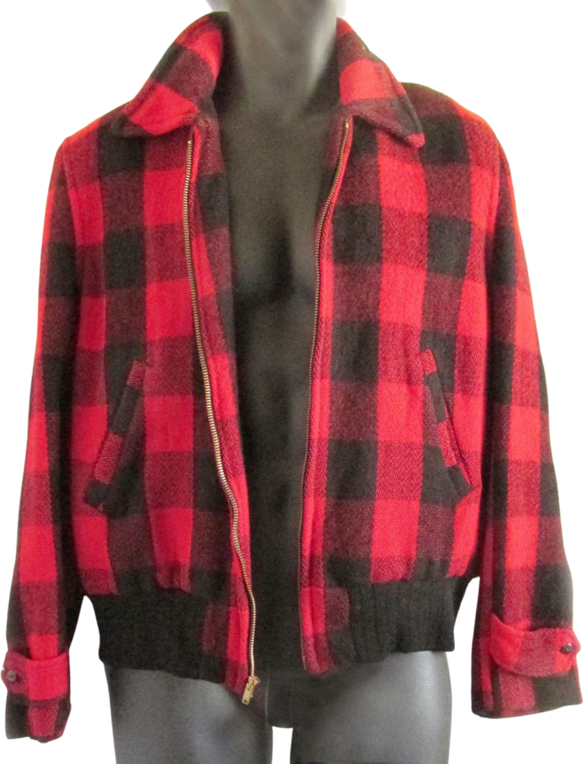 1940s50s Red Plaid Wool Bomber Jacket Winter Warm Metal Zipper Pockets