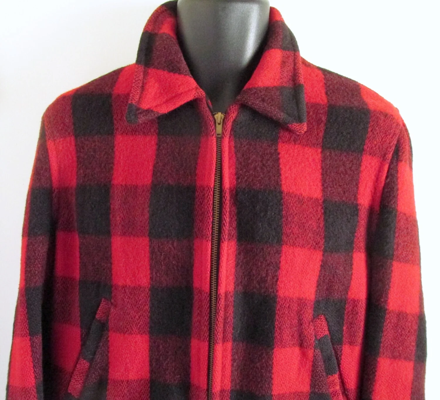 1940s50s Red Plaid Wool Bomber Jacket Winter Warm Metal Zipper Pockets - Image 2