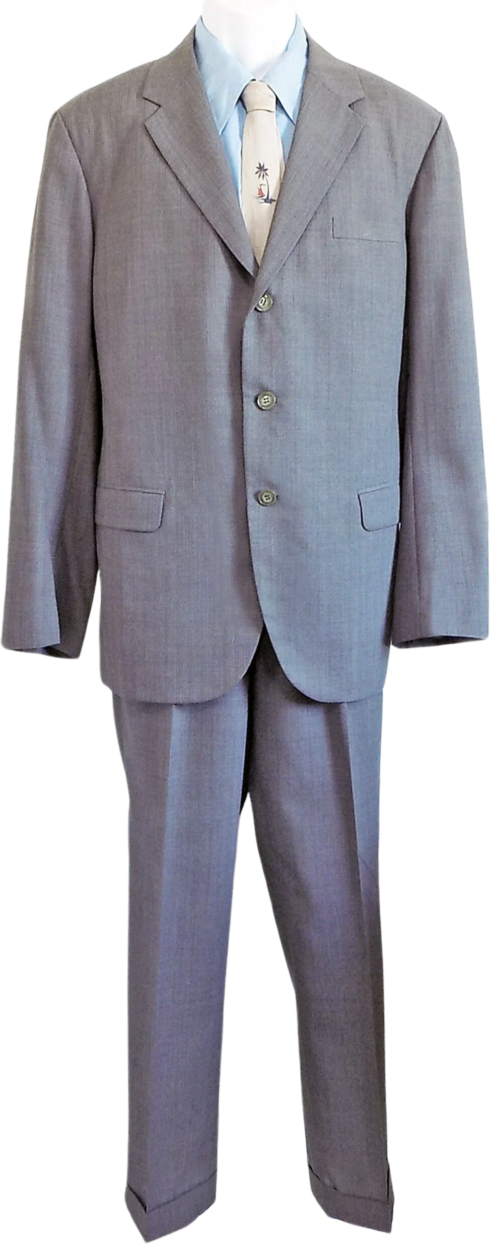 1947 60s Custom Tailored Wool Suit Gray with Blue Vertical Threads Covered Button Metal Zipper Inside Pockets Satin Lining