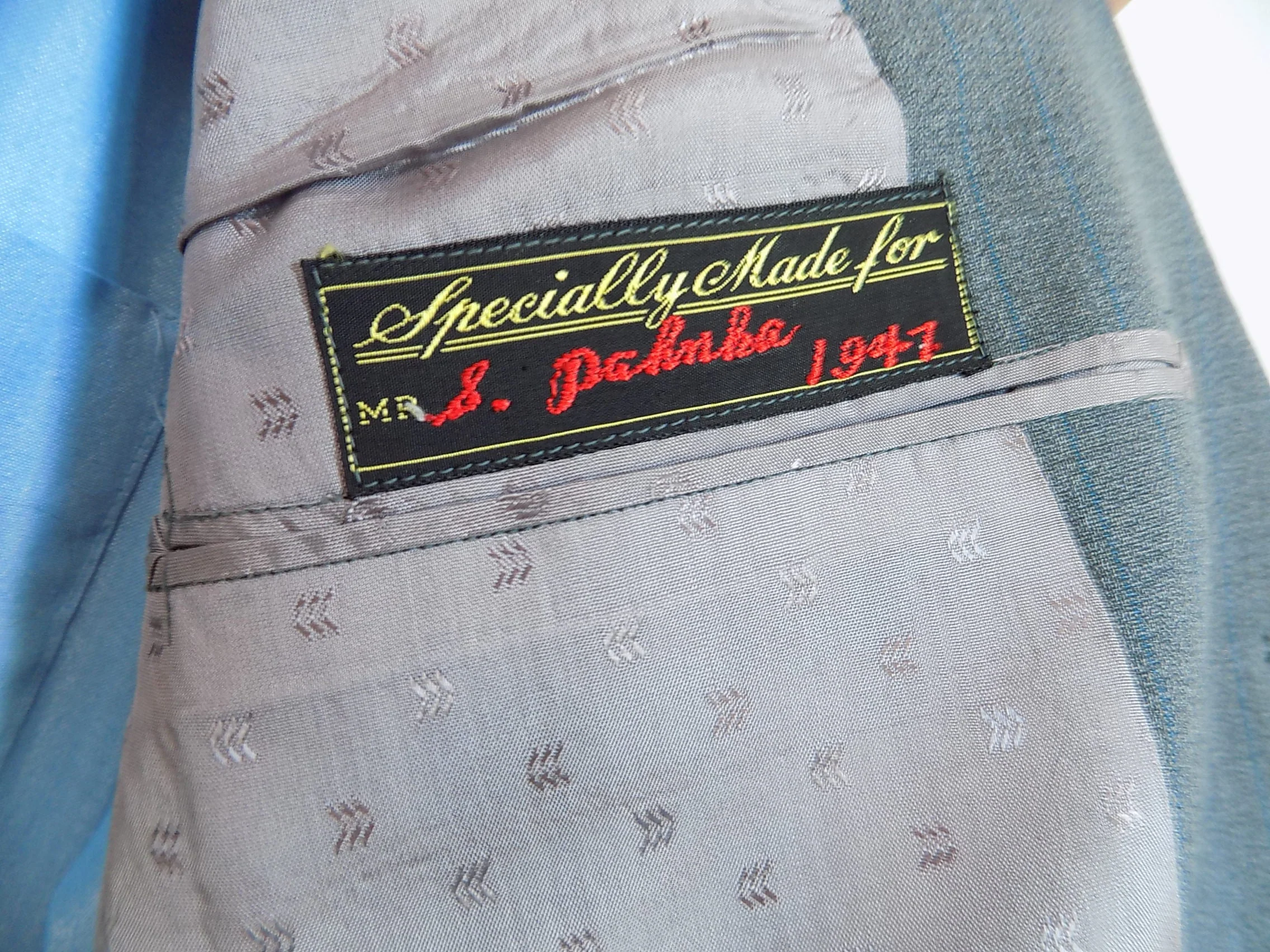 1947 60s Custom Tailored Wool Suit Gray with Blue Vertical Threads Covered Button Metal Zipper Inside Pockets Satin Lining - Image 2