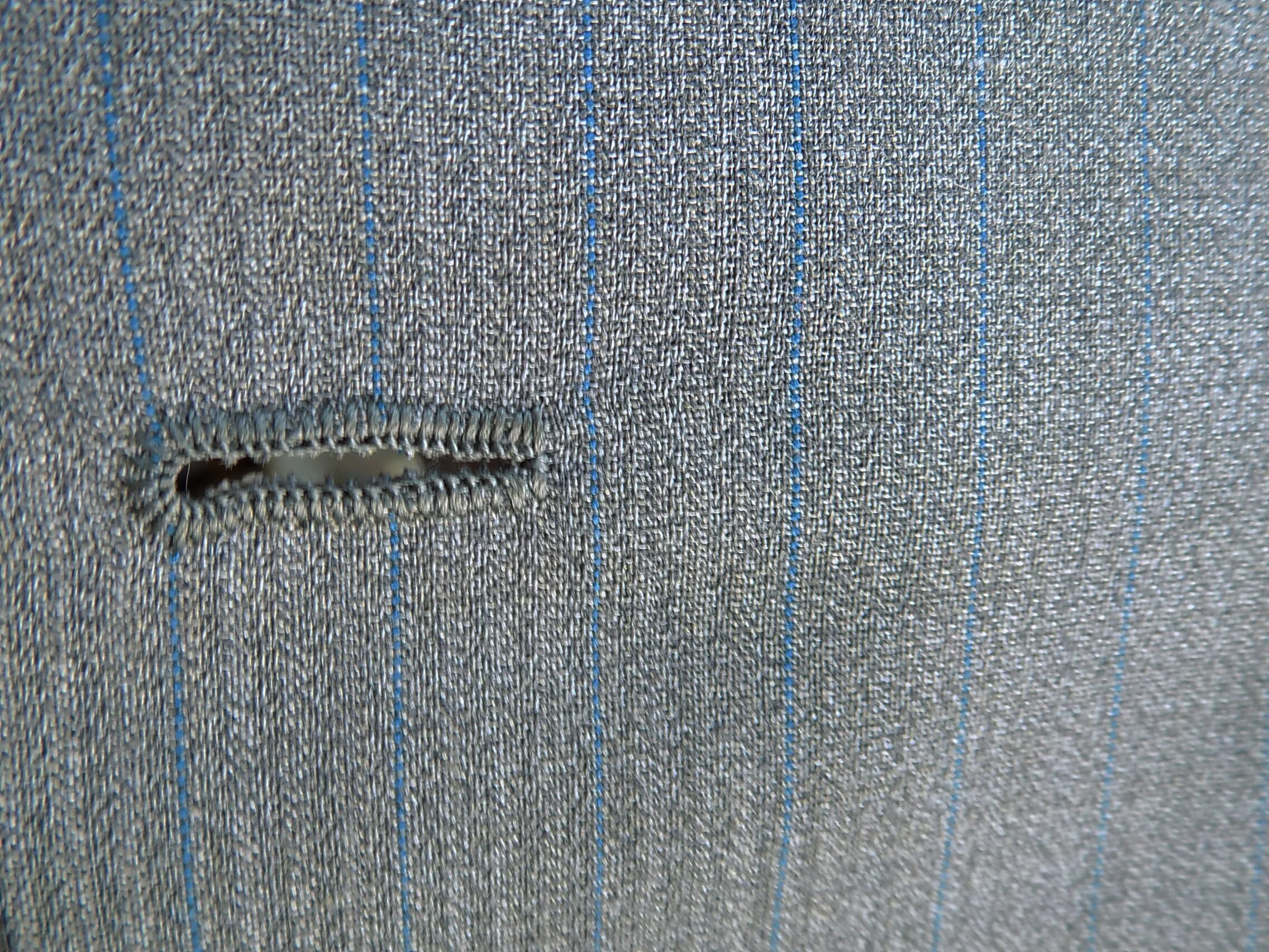 1947 60s Custom Tailored Wool Suit Gray with Blue Vertical Threads Covered Button Metal Zipper Inside Pockets Satin Lining - Image 5