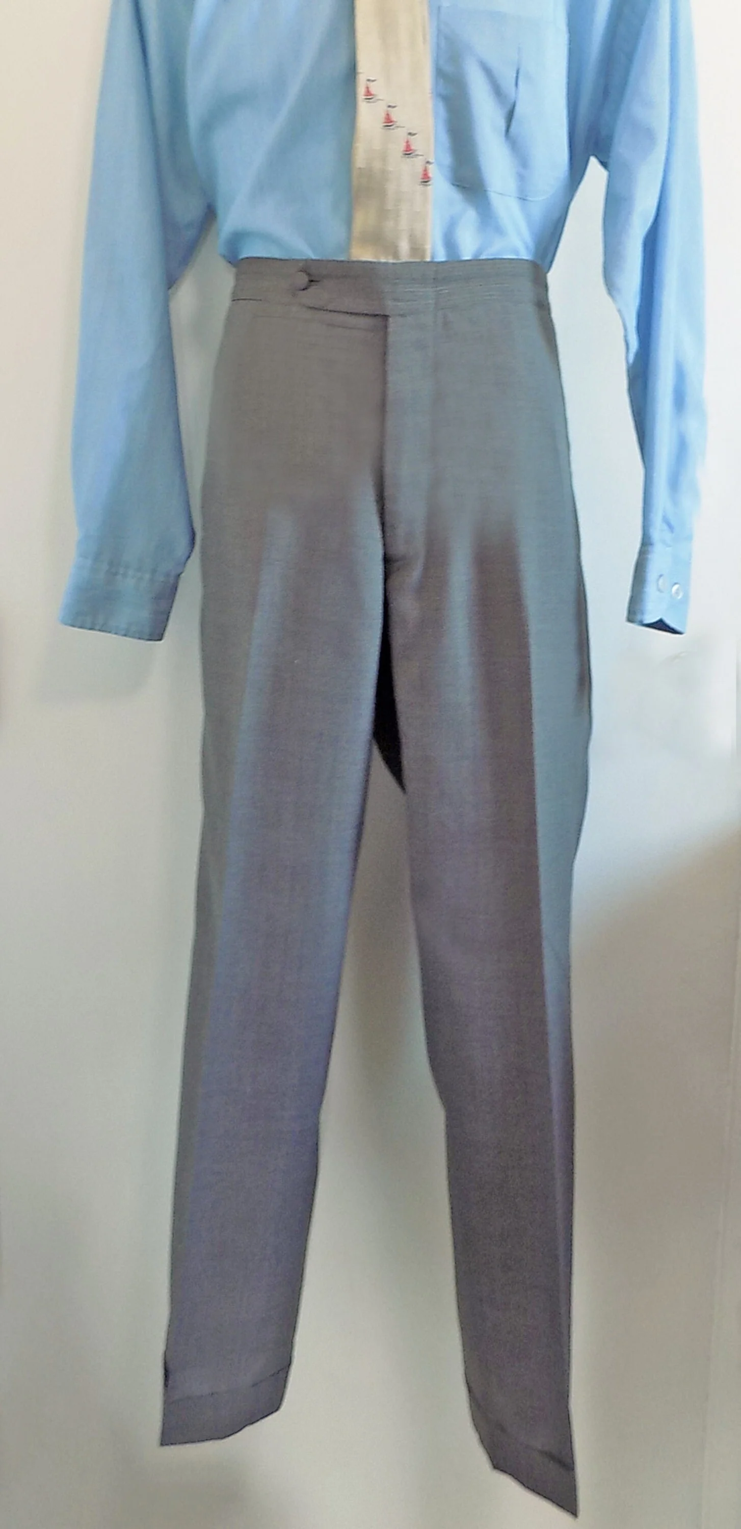 1947 60s Custom Tailored Wool Suit Gray with Blue Vertical Threads Covered Button Metal Zipper Inside Pockets Satin Lining - Image 6