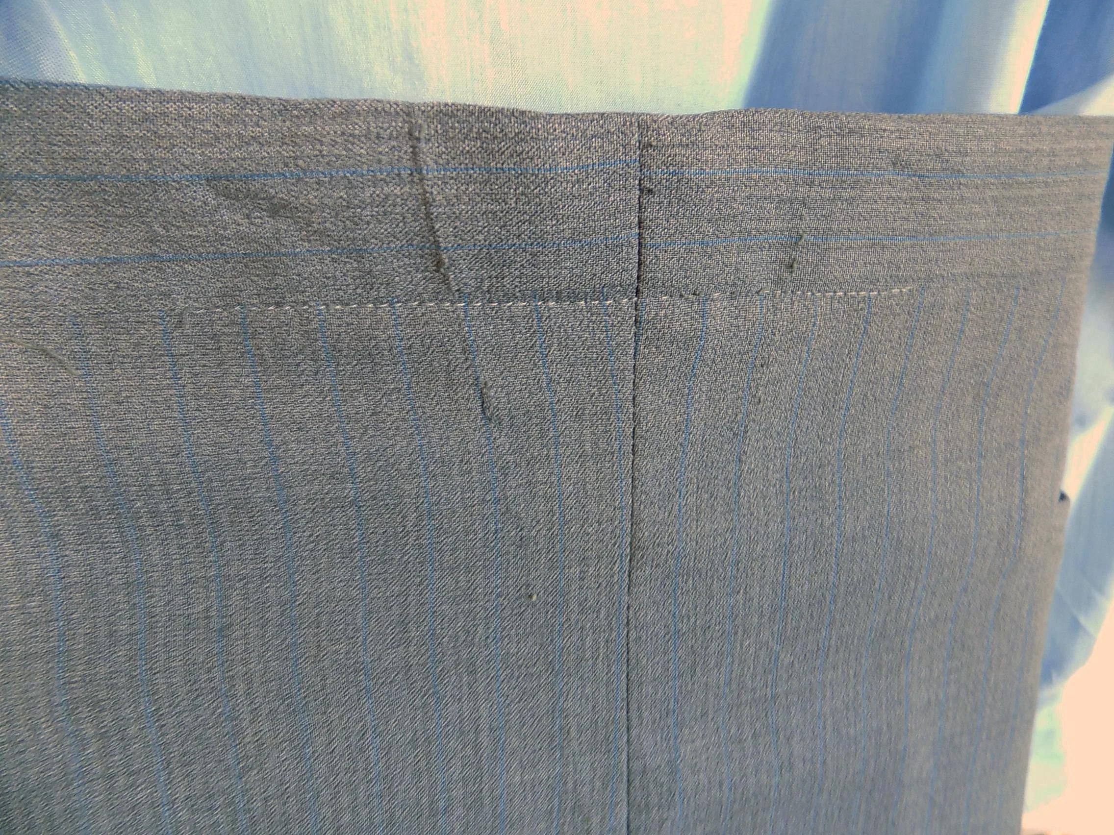 1947 60s Custom Tailored Wool Suit Gray with Blue Vertical Threads Covered Button Metal Zipper Inside Pockets Satin Lining - Image 7