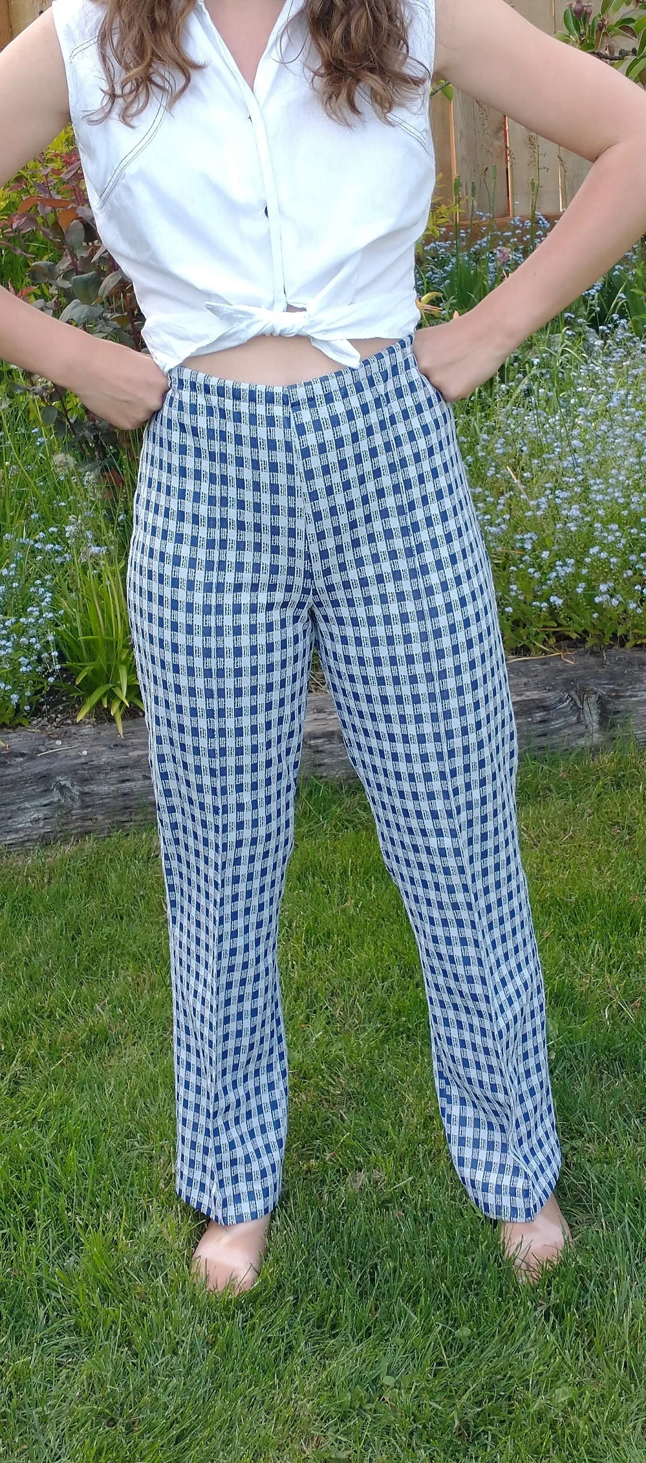 1950-60s Retro Checked Pants Blue and White Checks Straight Leg Women's Small - Image 2