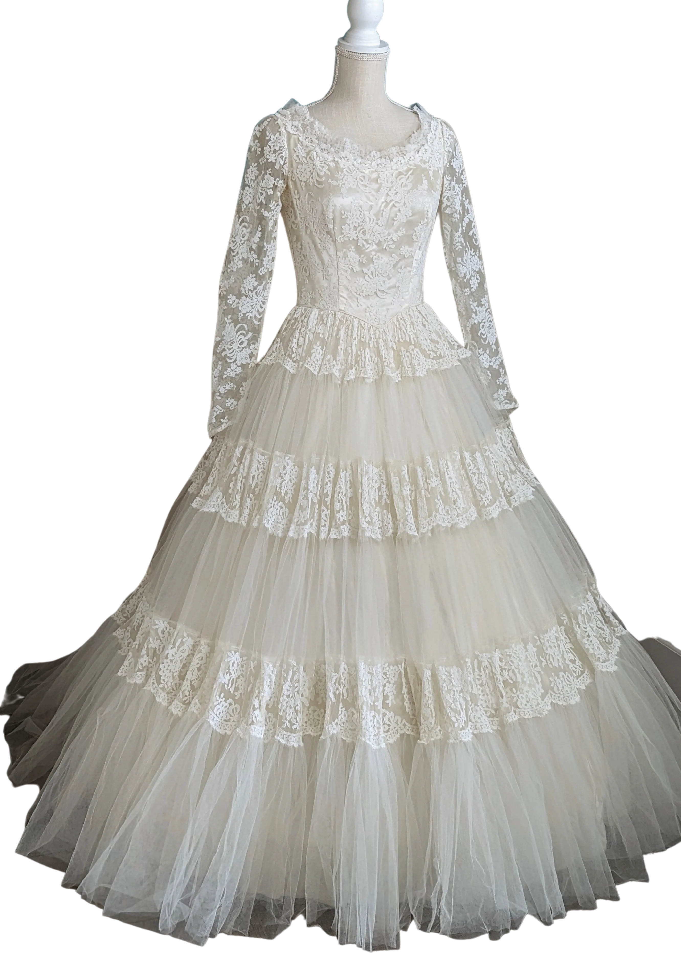 1954 Chantilly Lace and Tulle Long Sleeved Princess Style Wedding Dress In Soft White with Hand Beaded Glass Seed Pearl Heart Veil