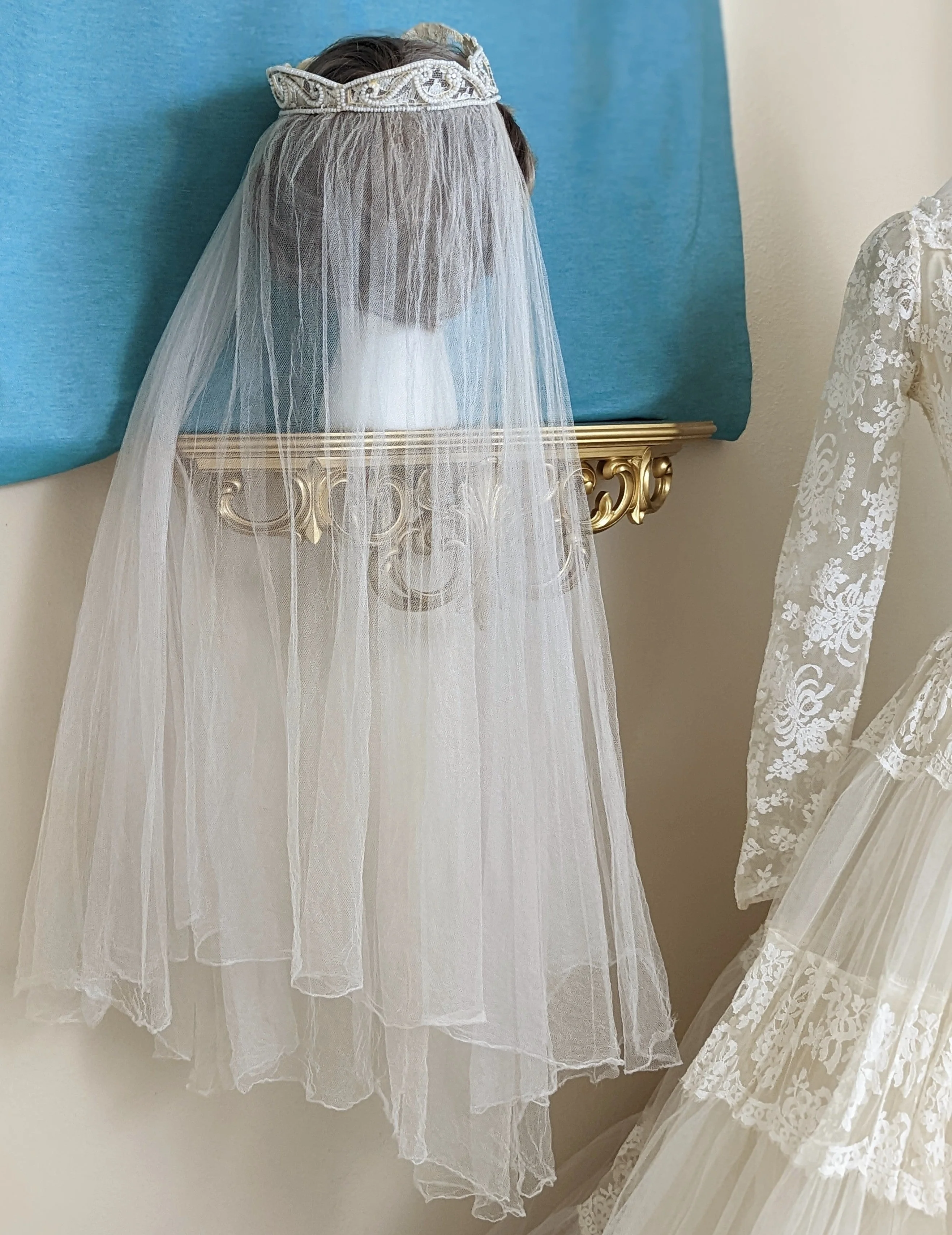 1954 Chantilly Lace and Tulle Long Sleeved Princess Style Wedding Dress In Soft White with Hand Beaded Glass Seed Pearl Heart Veil - Image 11