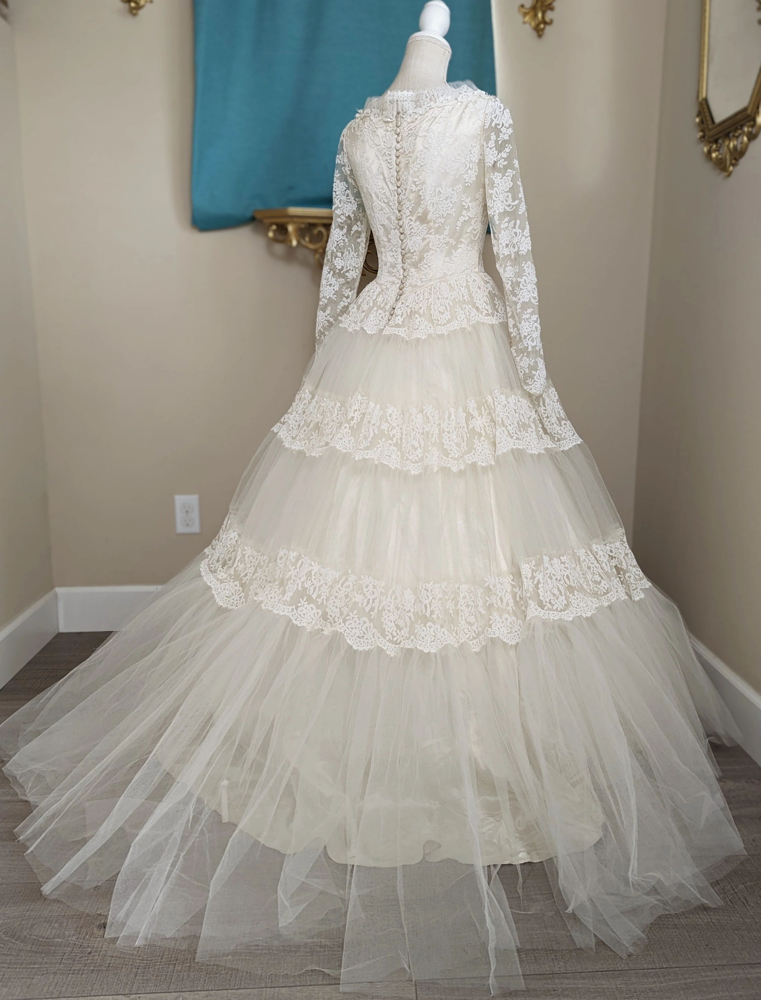 1954 Chantilly Lace and Tulle Long Sleeved Princess Style Wedding Dress In Soft White with Hand Beaded Glass Seed Pearl Heart Veil - Image 2
