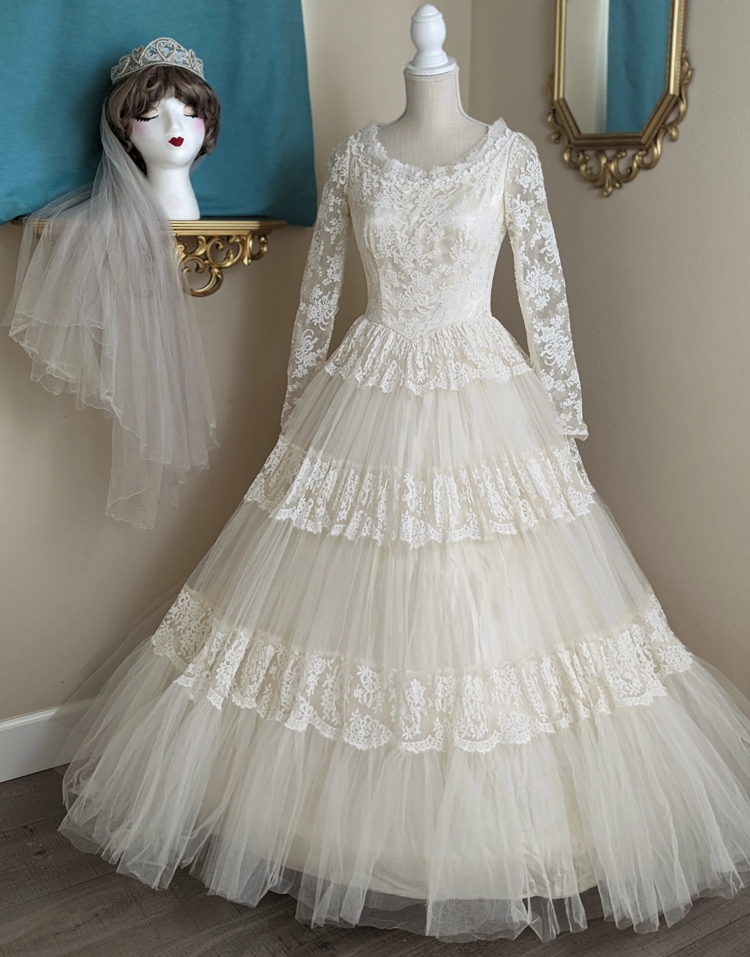 1954 Chantilly Lace and Tulle Long Sleeved Princess Style Wedding Dress In Soft White with Hand Beaded Glass Seed Pearl Heart Veil - Image 3