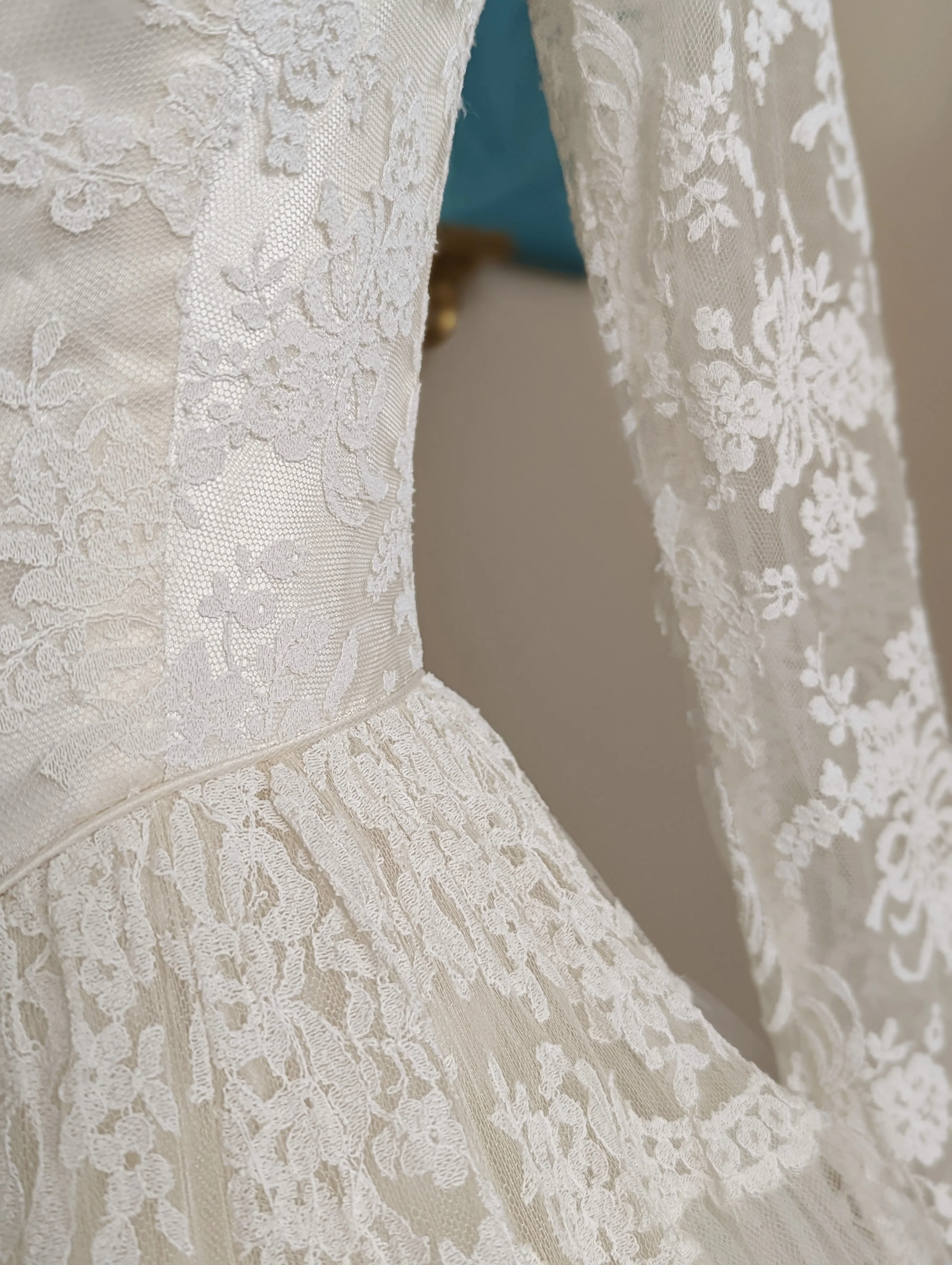 1954 Chantilly Lace and Tulle Long Sleeved Princess Style Wedding Dress In Soft White with Hand Beaded Glass Seed Pearl Heart Veil - Image 5