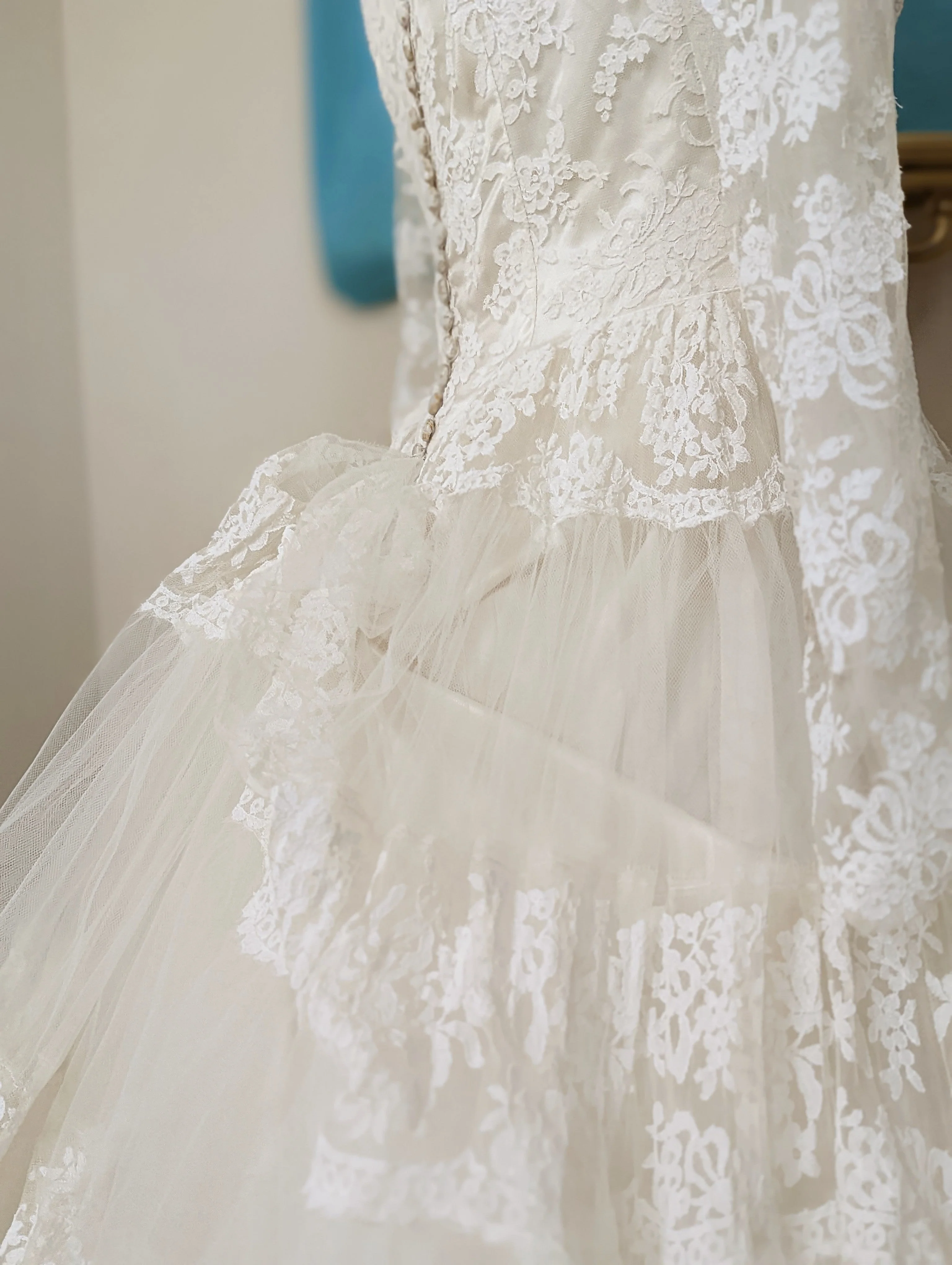 1954 Chantilly Lace and Tulle Long Sleeved Princess Style Wedding Dress In Soft White with Hand Beaded Glass Seed Pearl Heart Veil - Image 7