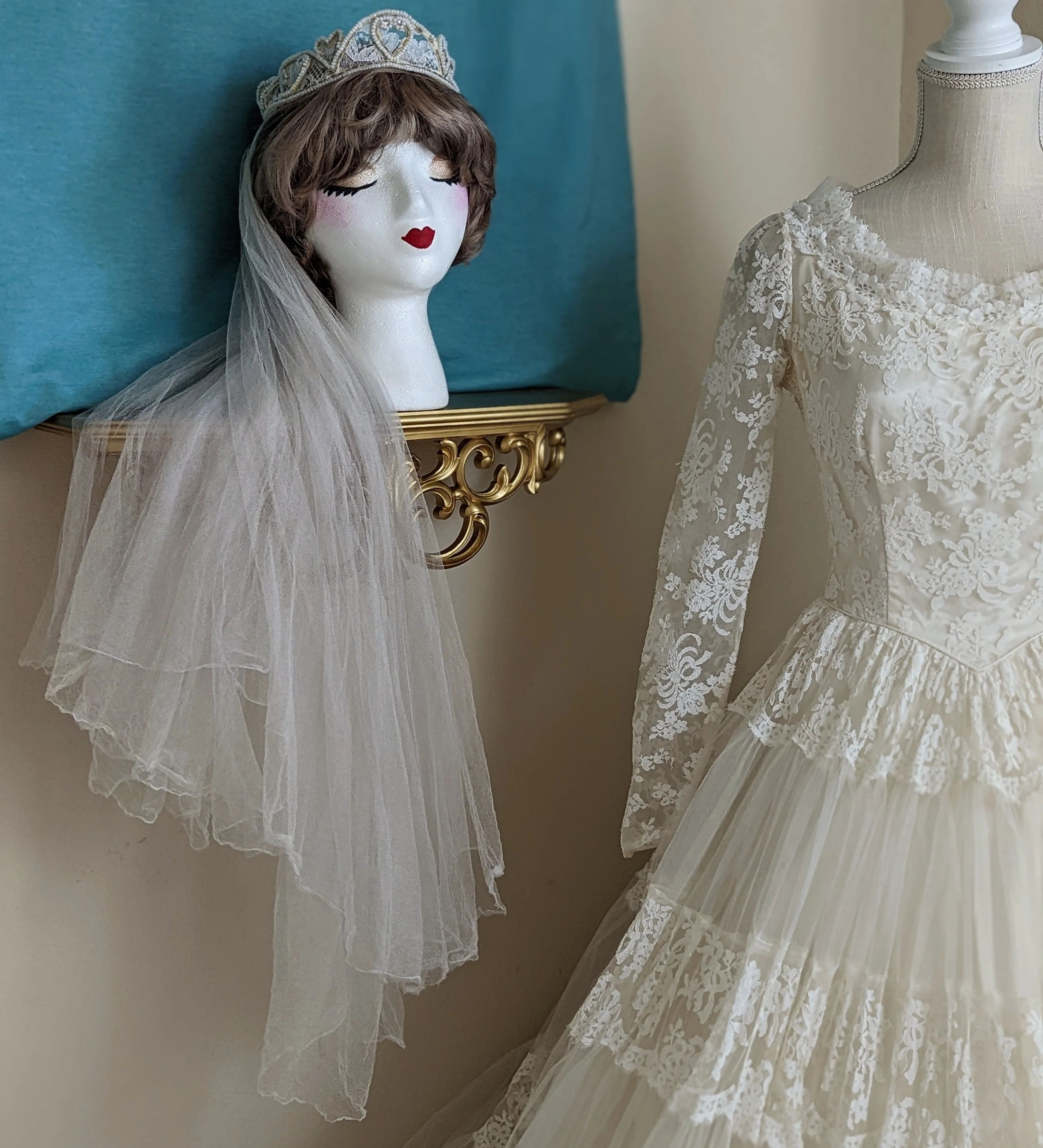 1954 Chantilly Lace and Tulle Long Sleeved Princess Style Wedding Dress In Soft White with Hand Beaded Glass Seed Pearl Heart Veil - Image 8
