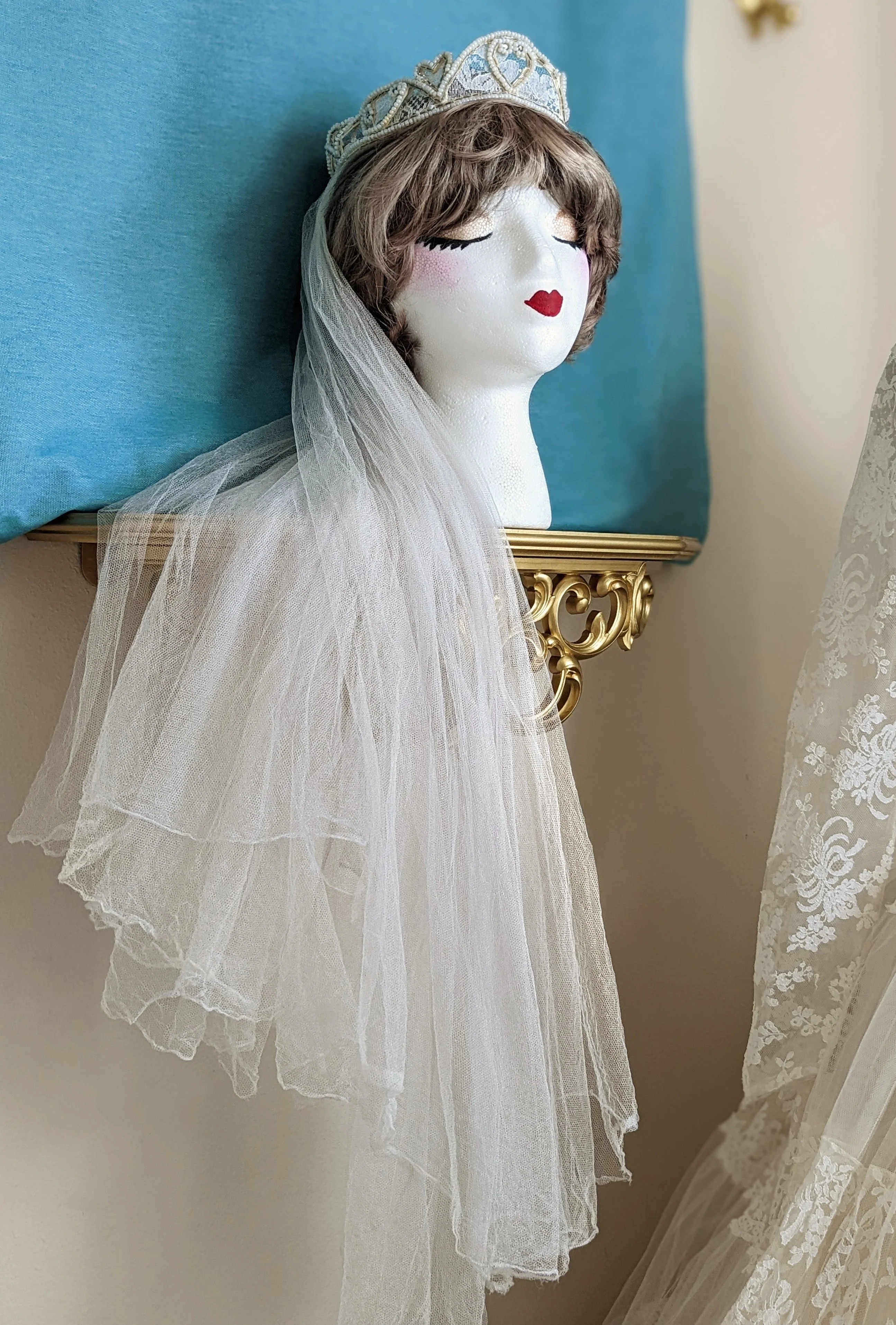 1954 Chantilly Lace and Tulle Long Sleeved Princess Style Wedding Dress In Soft White with Hand Beaded Glass Seed Pearl Heart Veil - Image 9