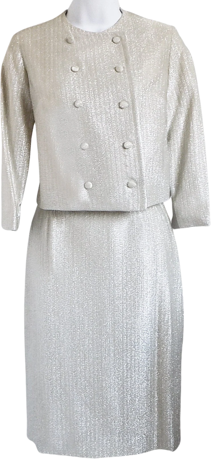 1955 66 Mod Oleg Cassini Style Double Breasted Two Piece Silver Thread Suit by Wippette Sports Wear Metal Zipper by Wippette Sports Wear