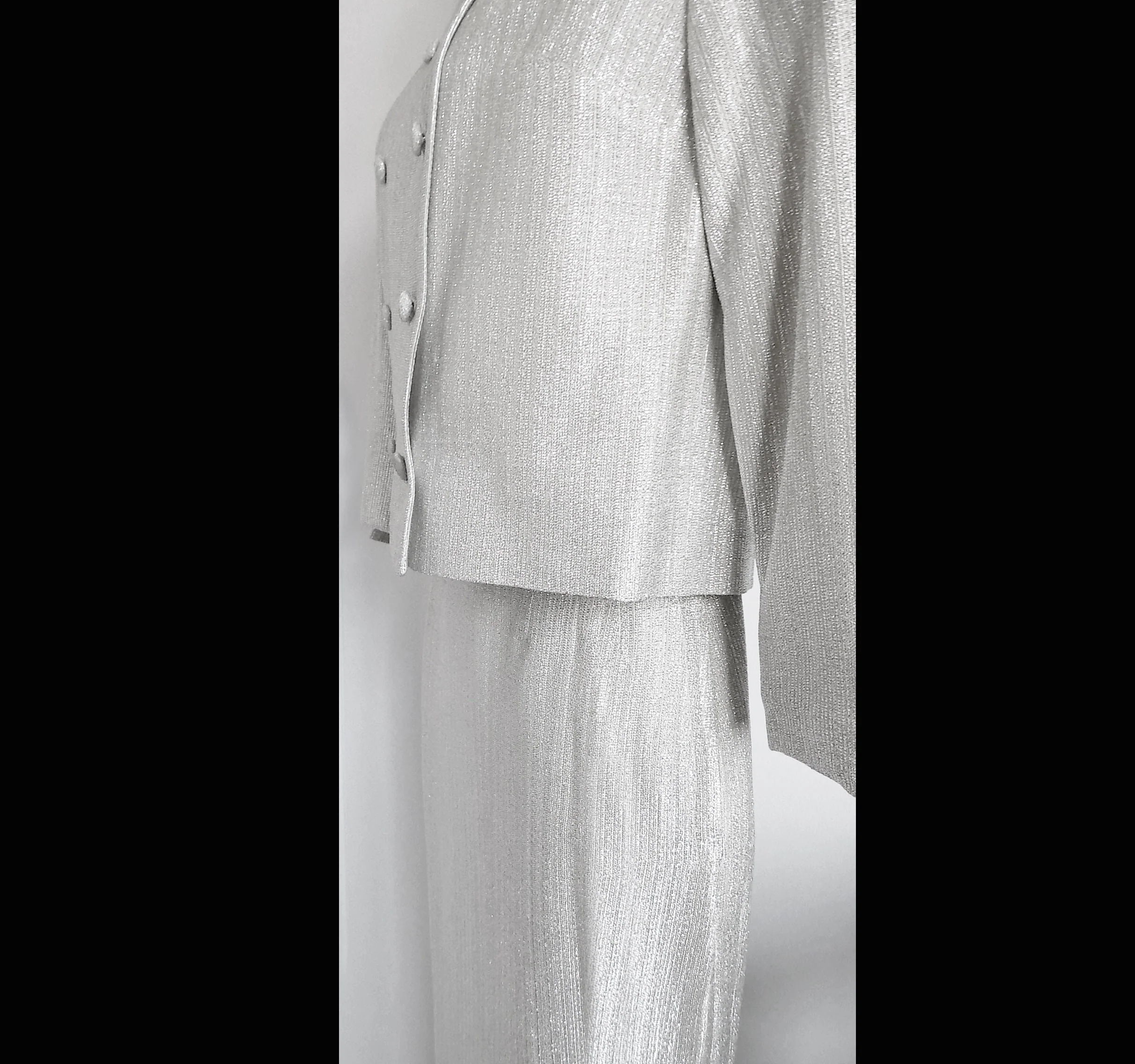1955 66 Mod Oleg Cassini Style Double Breasted Two Piece Silver Thread Suit by Wippette Sports Wear Metal Zipper by Wippette Sports Wear - Image 5