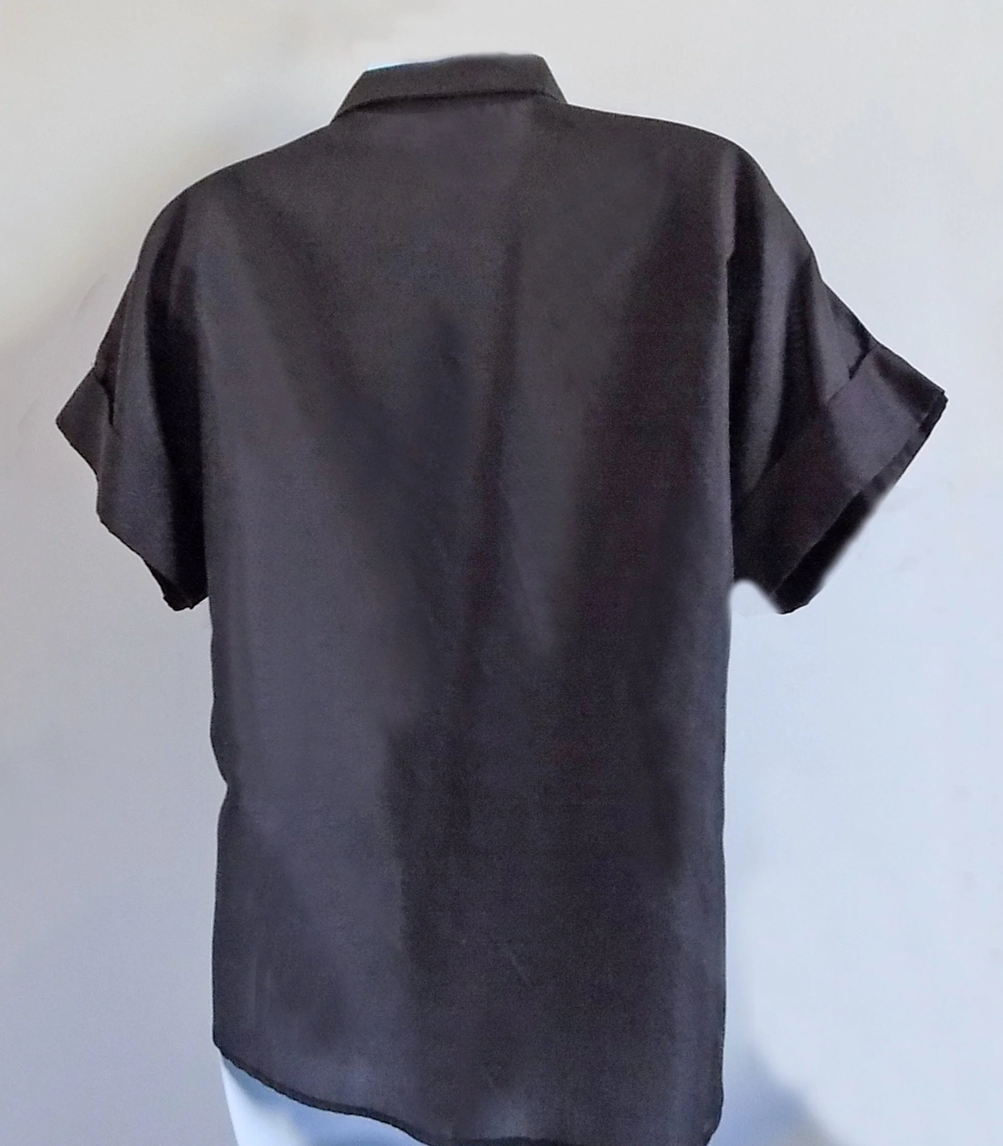 1958 Or Later Large Black Rockabilly Blouse Poly Cotton Blend Summer Bat Wing Sleeve Cuffs Stand Up Collar by Land 'N Sea - Image 2
