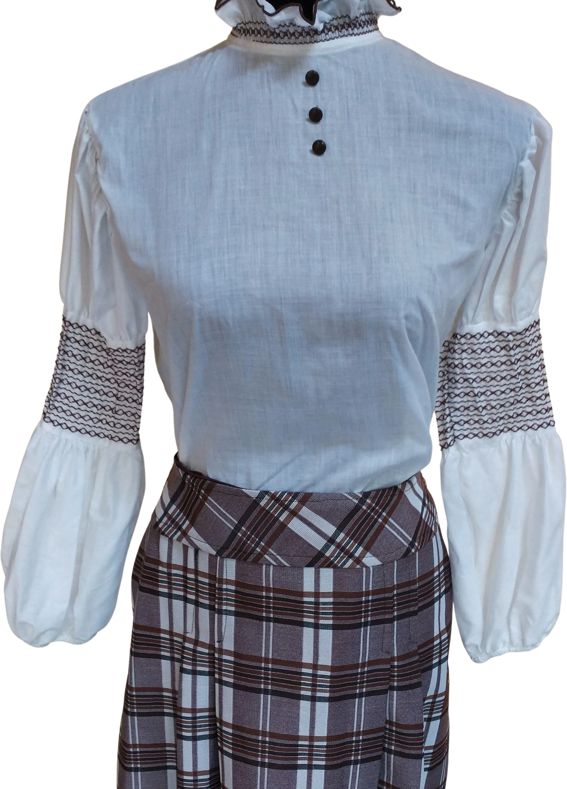 1960/70s Highneck Ruffle Retro White Cotton Blouse with Juliet Sleeves Usa Made Women's Small