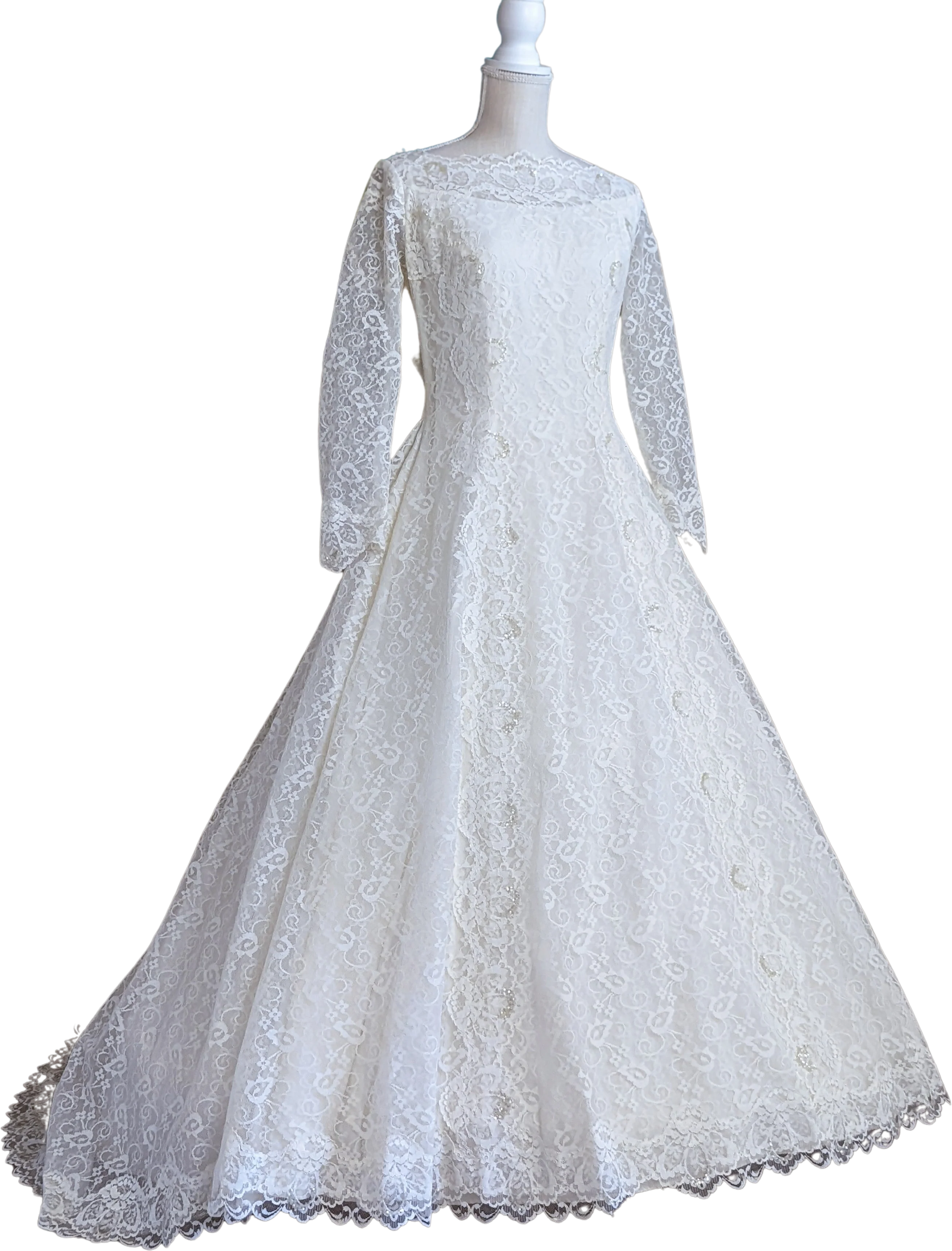 1962 French Lace Wedding Dress Adorned Princess Cut Wedding Gown with Scalloped Neckline and Long Sleeves