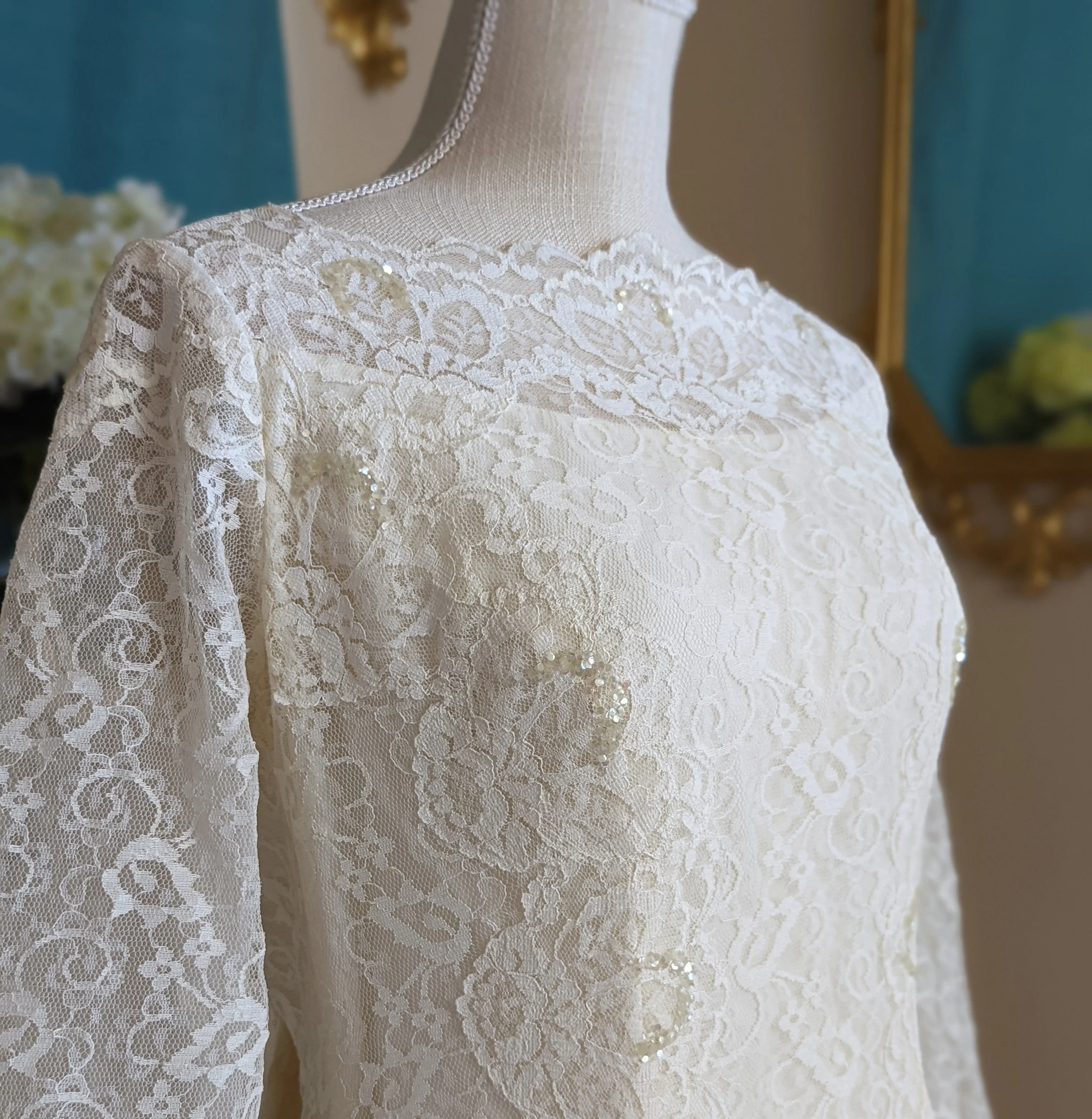 1962 French Lace Wedding Dress Adorned Princess Cut Wedding Gown with Scalloped Neckline and Long Sleeves - Image 3
