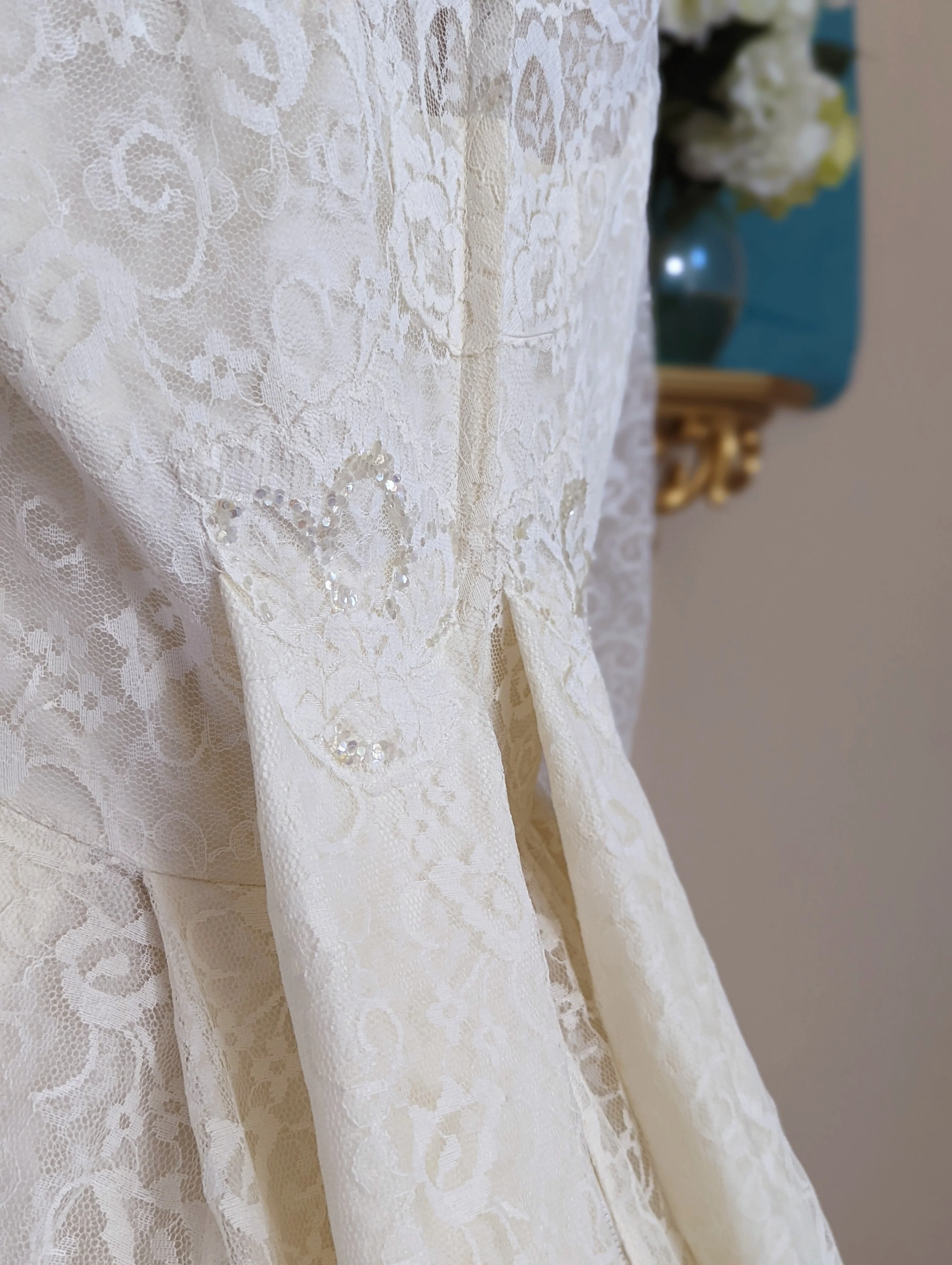 1962 French Lace Wedding Dress Adorned Princess Cut Wedding Gown with Scalloped Neckline and Long Sleeves - Image 4