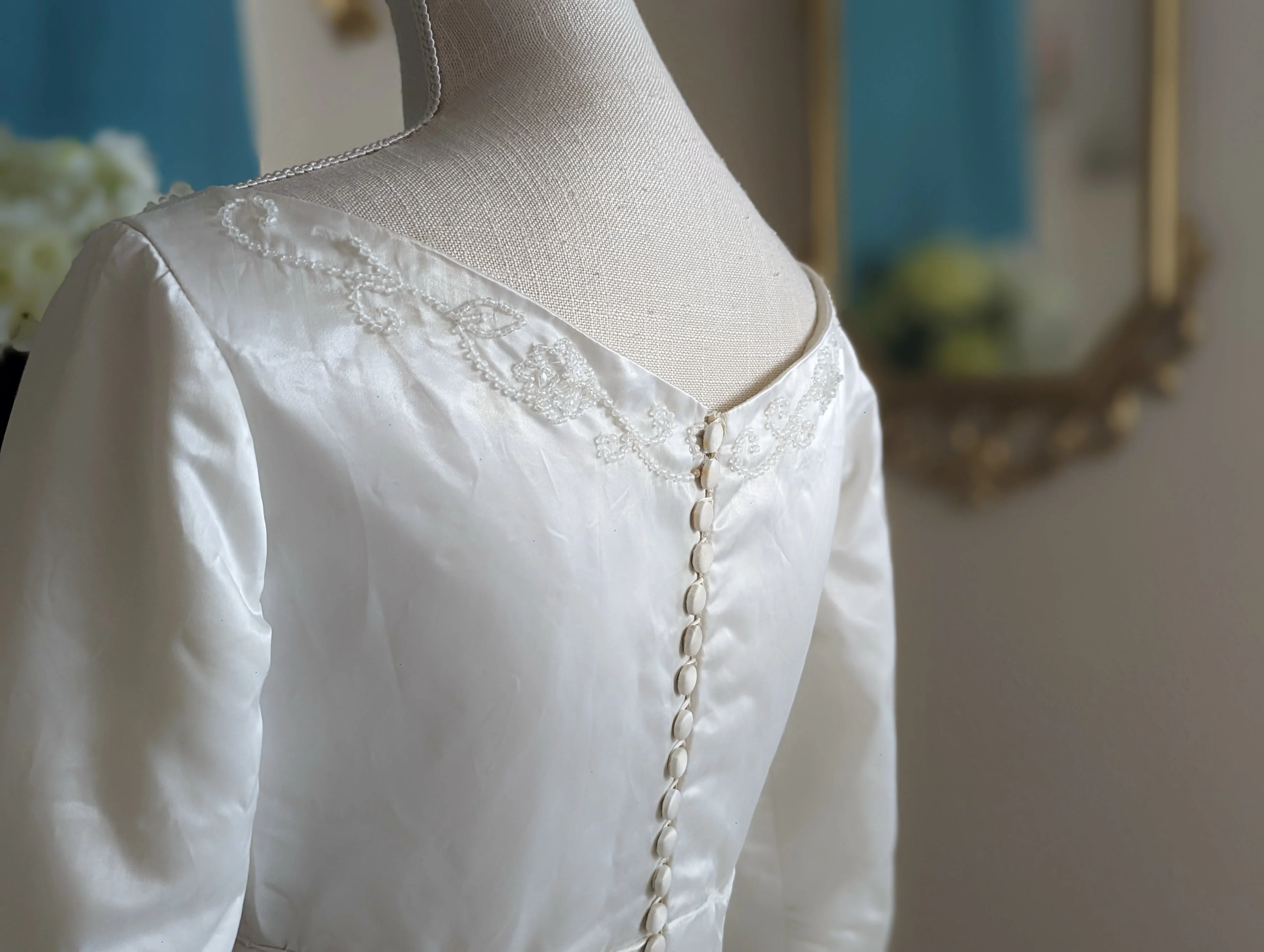 1962 Soft White Full Ball Gown Wedding Dress In Satin with Hand Sewn Beading Long Sleeves and Train | Ingrid's Custom - Image 8