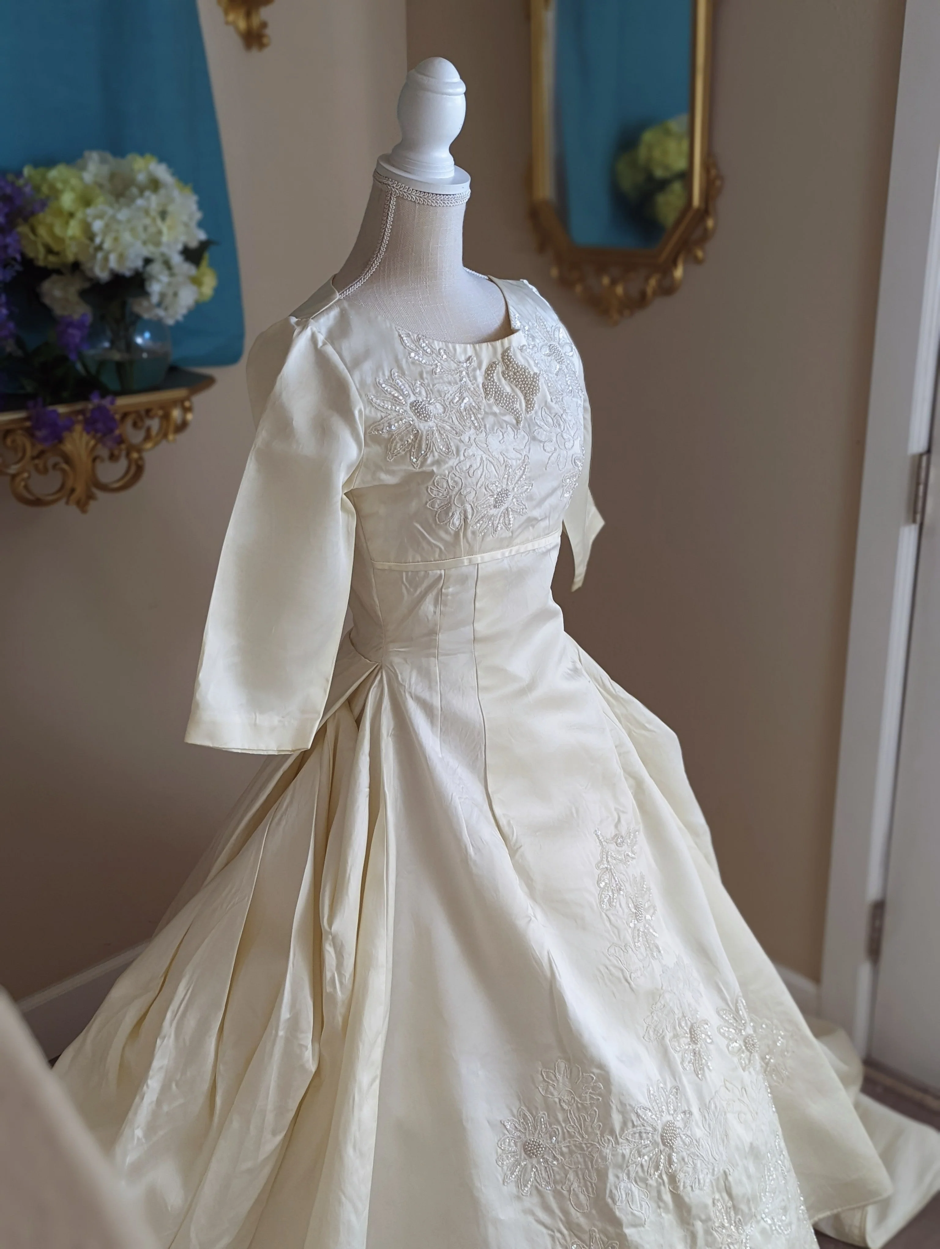 1966 Slipper Satin Magnolia Wedding Dress with Handsewn Beads and Lace - Image 3