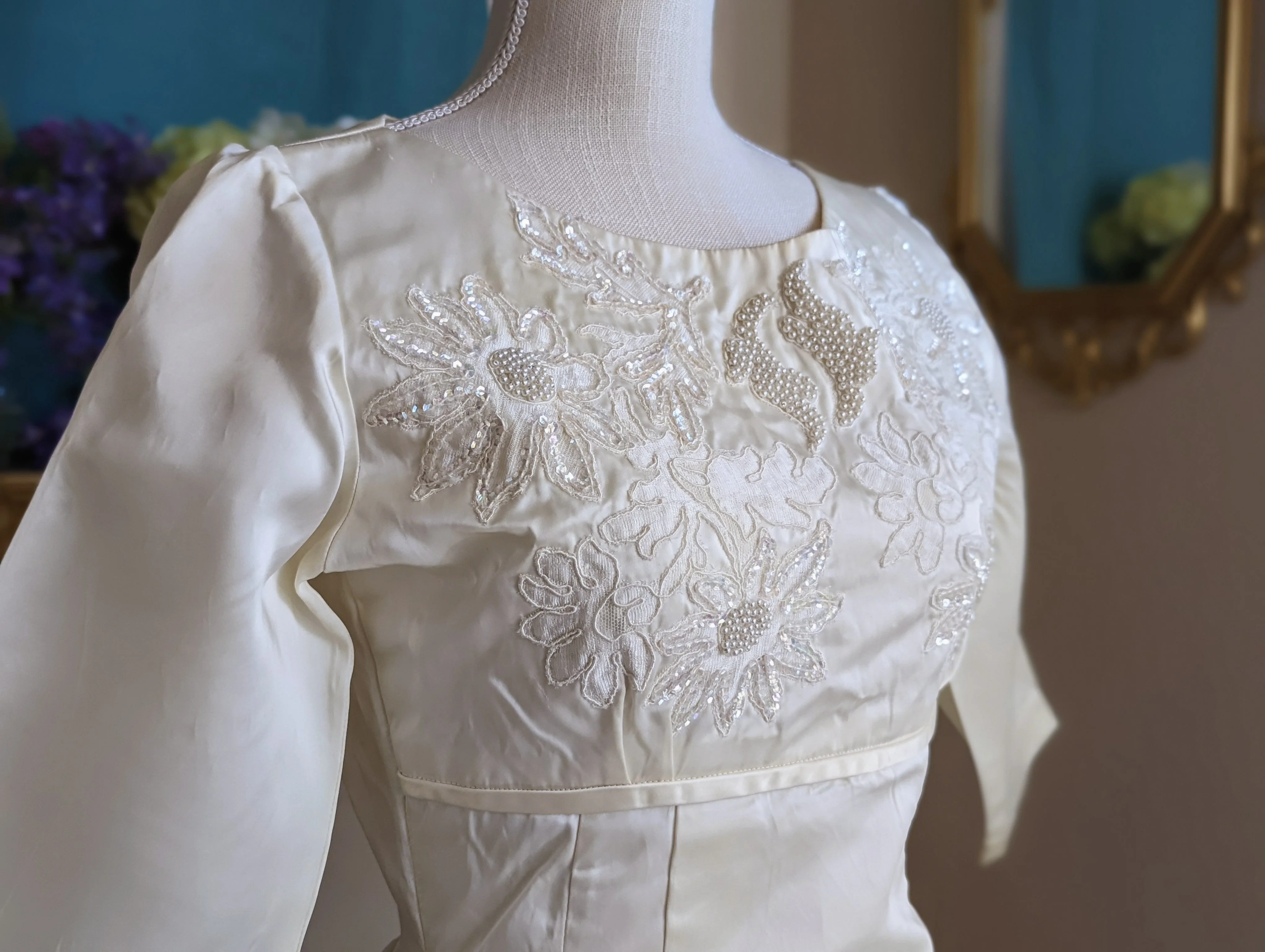 1966 Slipper Satin Magnolia Wedding Dress with Handsewn Beads and Lace - Image 4