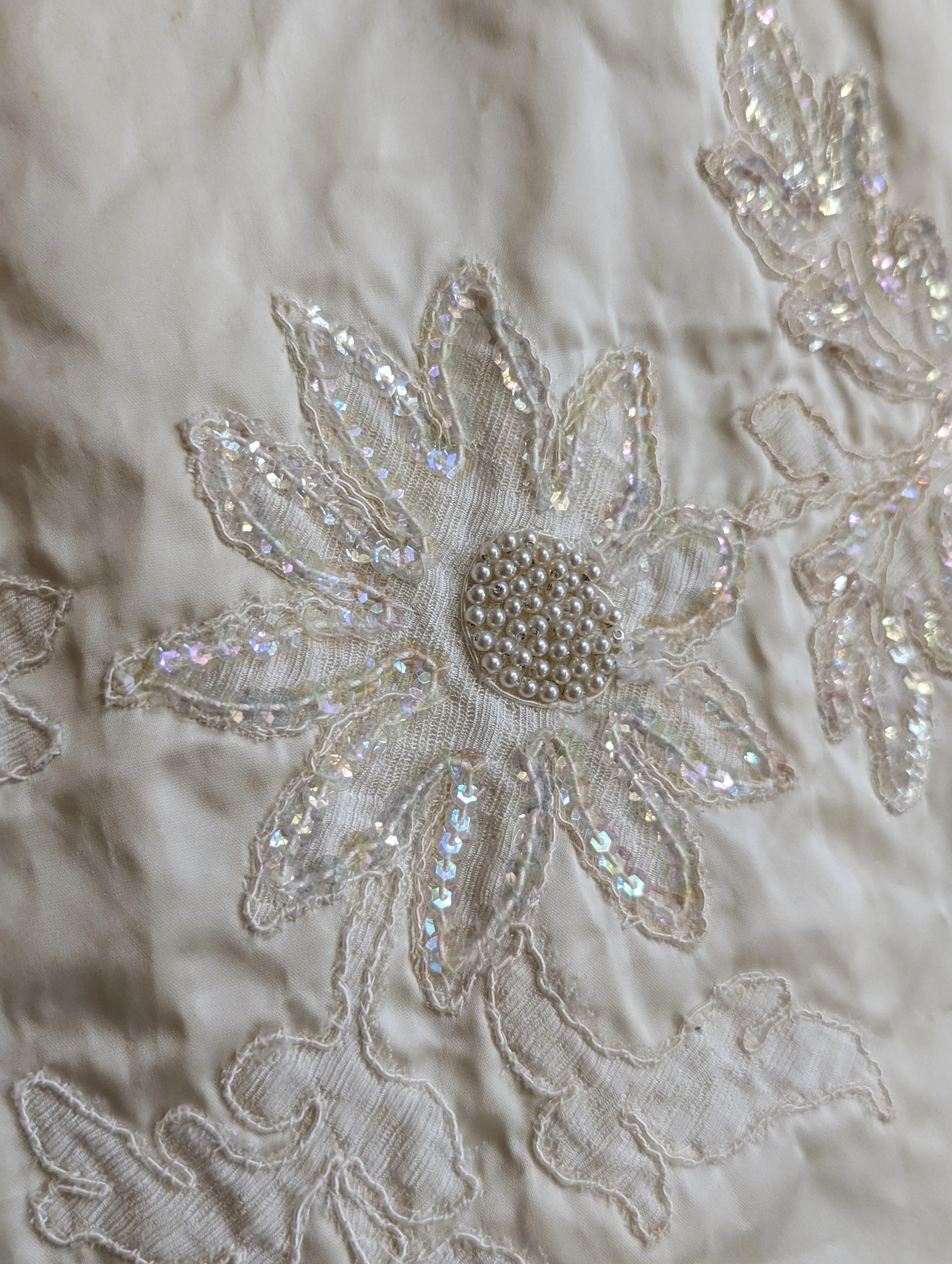 1966 Slipper Satin Magnolia Wedding Dress with Handsewn Beads and Lace - Image 6