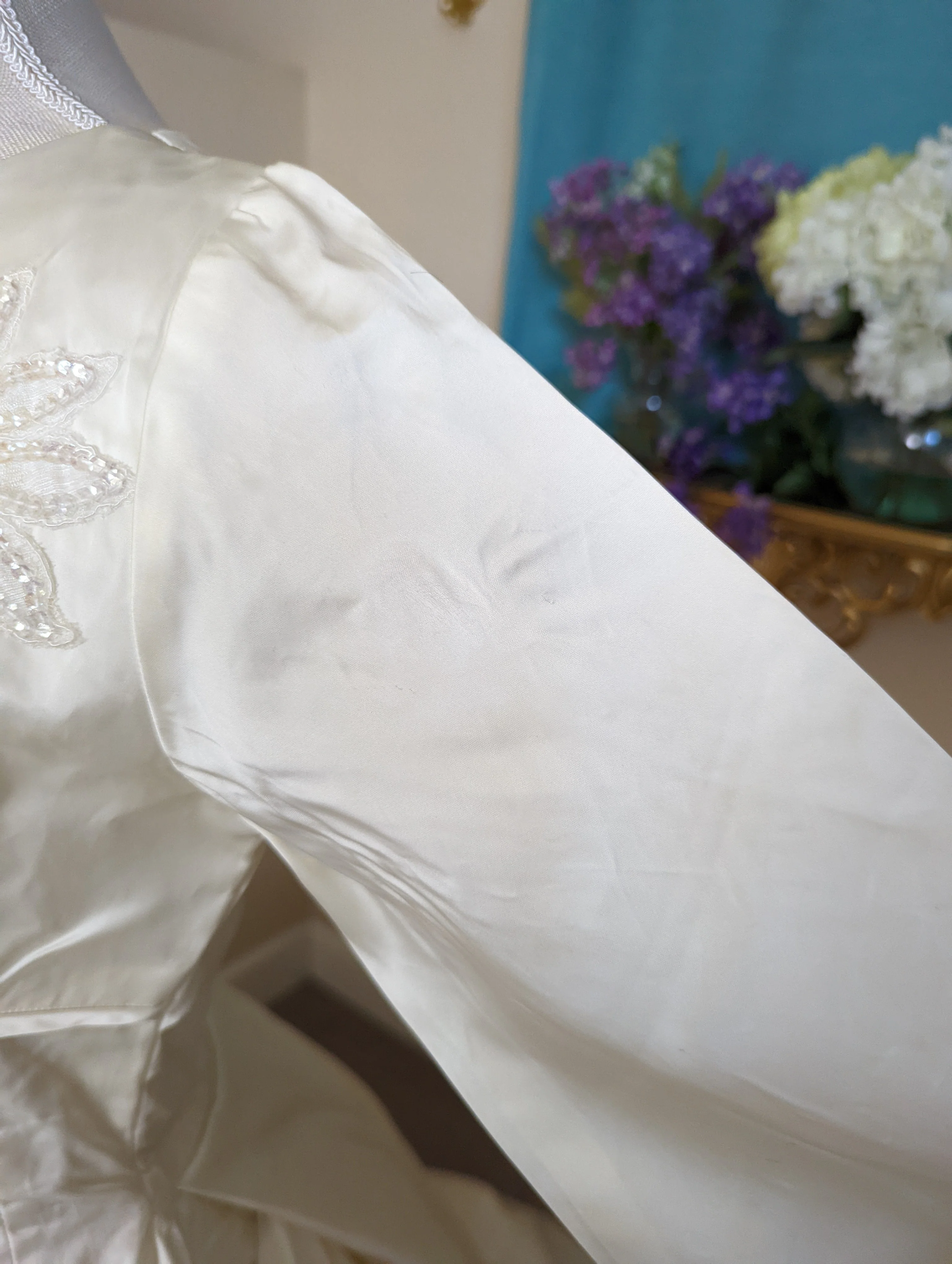 1966 Slipper Satin Magnolia Wedding Dress with Handsewn Beads and Lace - Image 7
