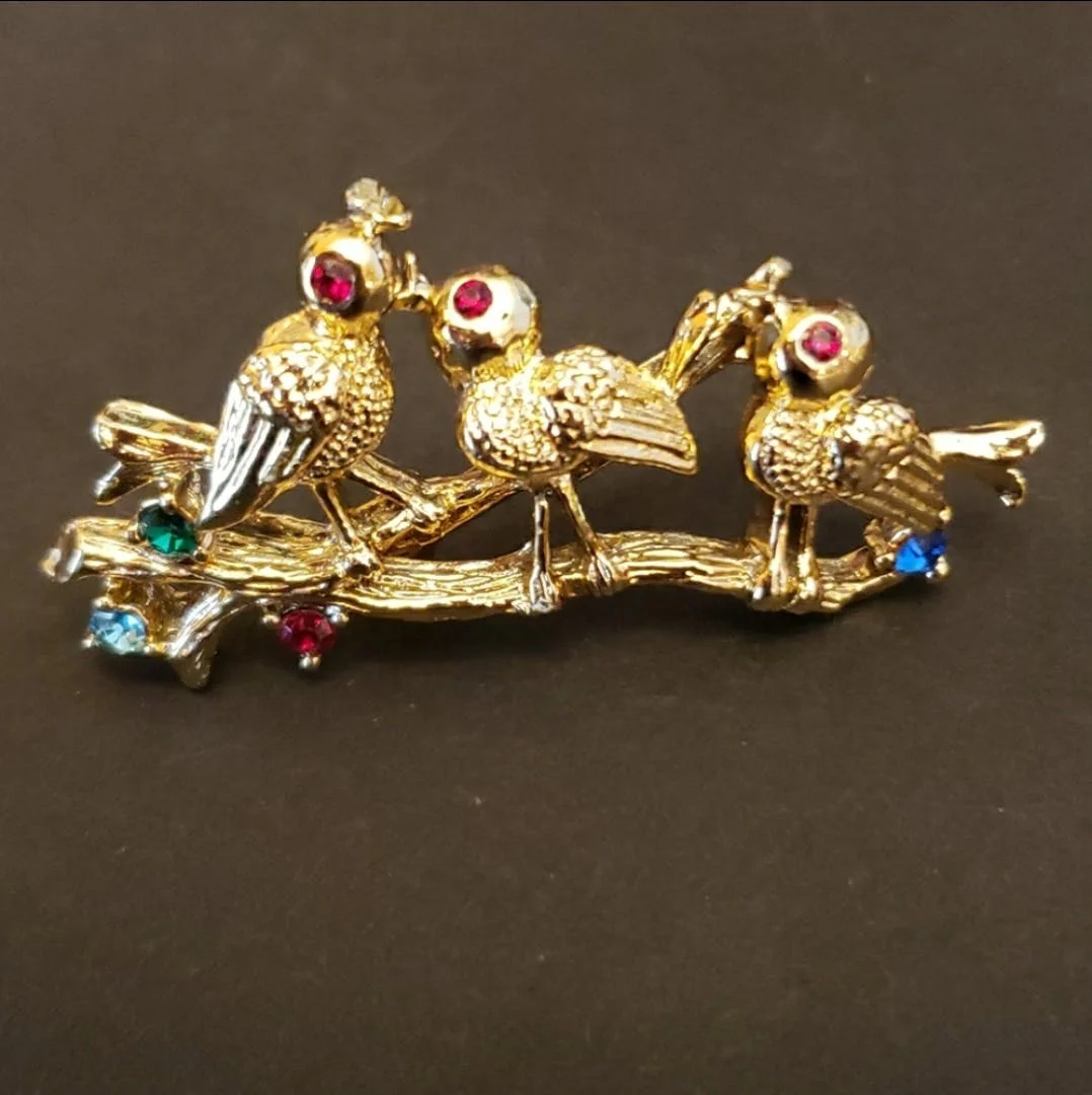 70's Rhinestoned Gold Tone Birds on a Branch Brooch by Gerry's - Image 3