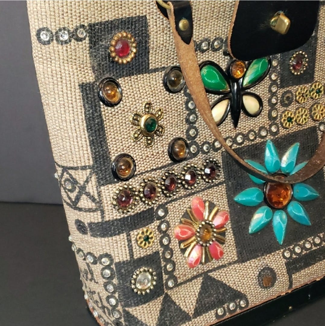 70’s Floral Jewel Patchwork Canvas Tote Purse by Enid Collins - Image 3