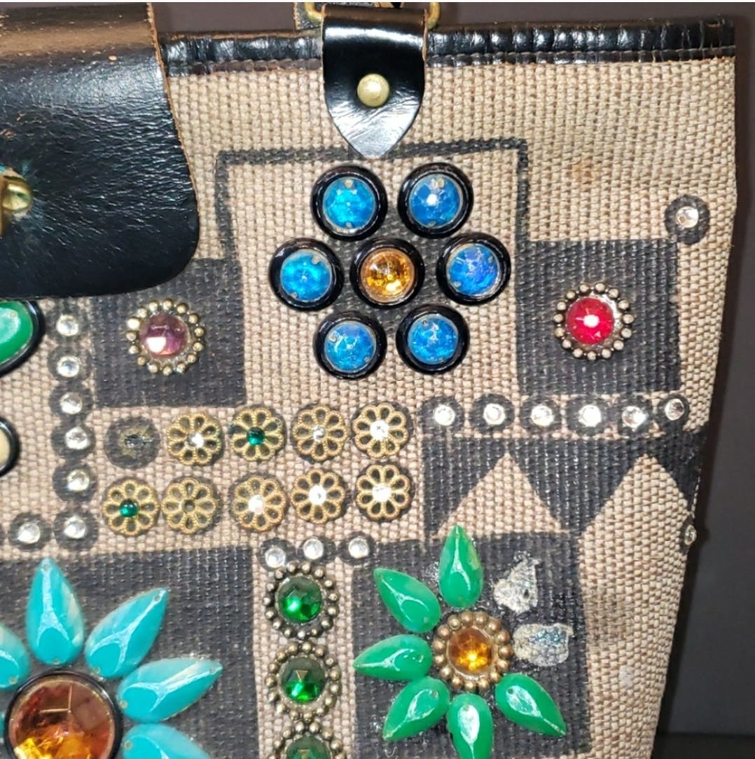 70’s Floral Jewel Patchwork Canvas Tote Purse by Enid Collins - Image 4