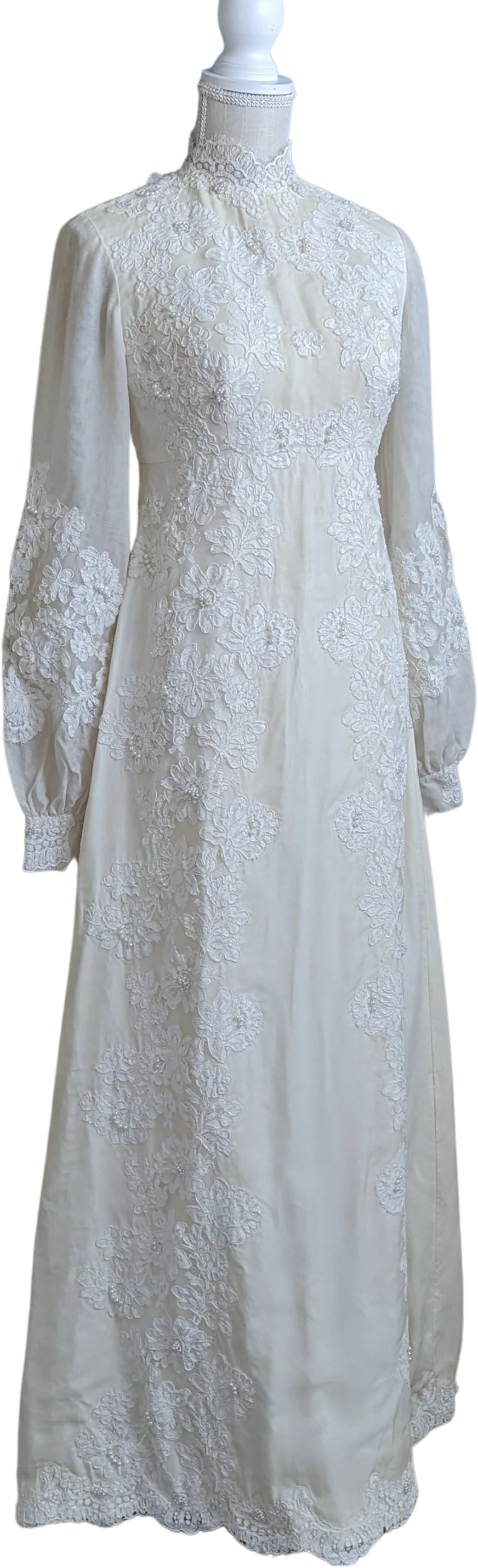 1971 Chantilly Lace Wedding Dress In Winter White with High Collar Empire Waist and Bishop Sleeves
